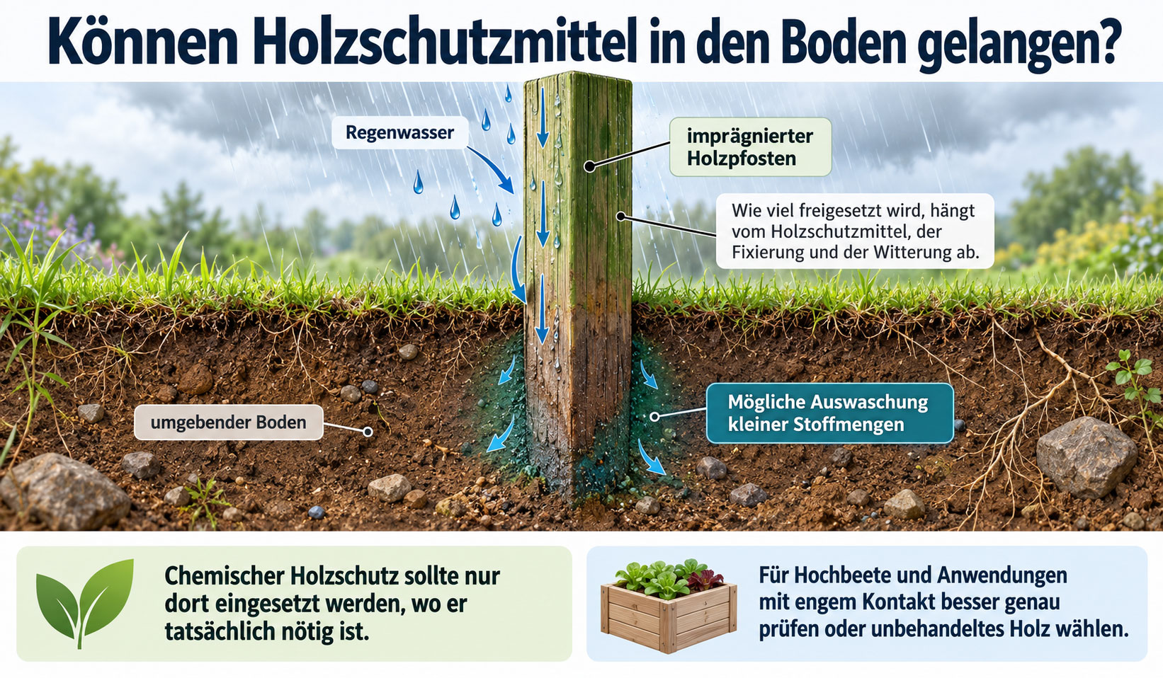 Schnittzeichnung eines kesseldruckimprägnierten Zaunpfostens im Erdreich. Pfeile zeigen, wie Regenwasser am Holz entlangläuft und möglicherweise Bestandteile der Holzschutzmittel in den umgebenden Boden gelangen.