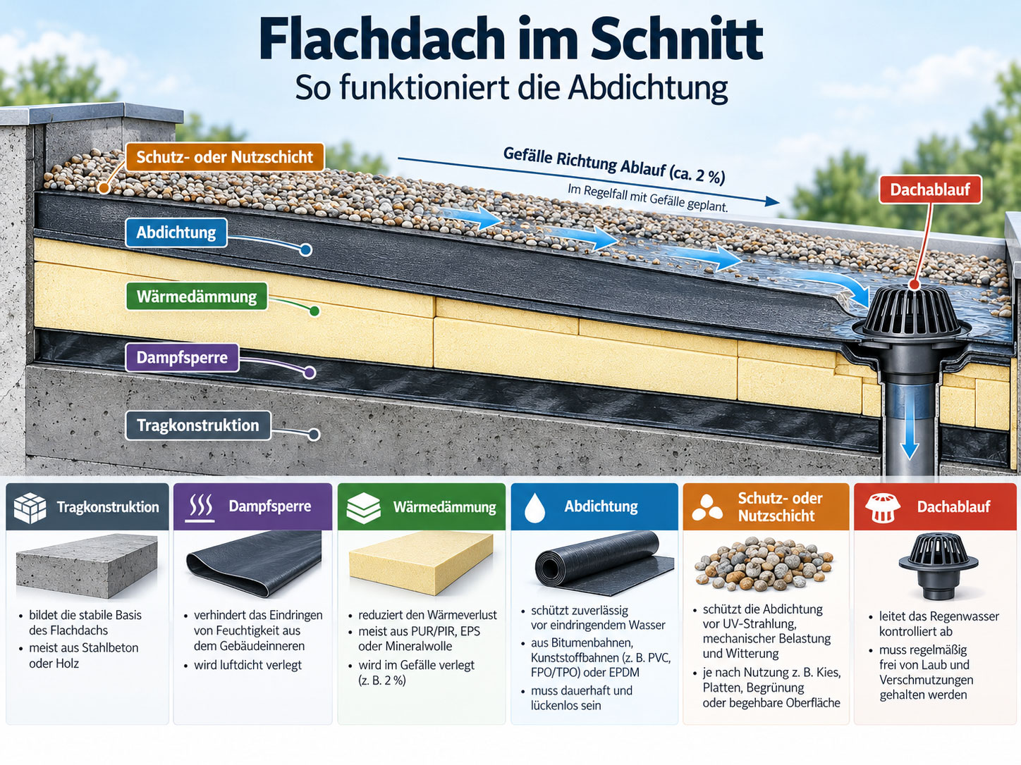 Schnitt durch ein Flachdach mit Tragkonstruktion, Dampfsperre, Wärmedämmung, Abdichtung, Schutzschicht und Dachablauf