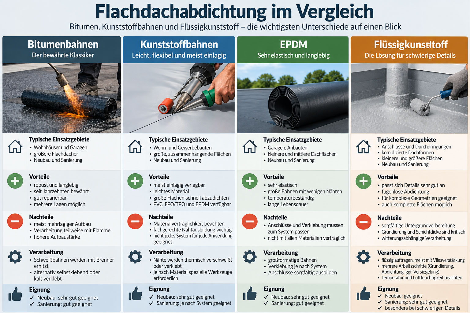 Vergleich von Bitumenbahnen, Kunststoffbahnen, EPDM und Flüssigkunststoff zur Abdichtung von Flachdächern