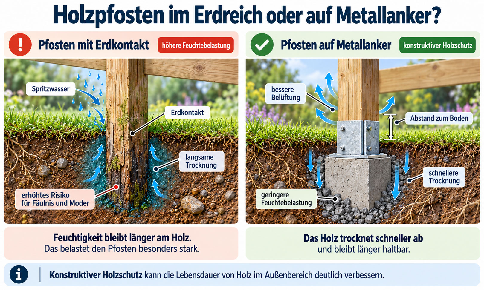 Vergleich zweier Zaunpfosten: Links steckt ein Holzpfosten direkt in feuchter Erde, rechts steht ein Pfosten auf einem Metallanker über dem Boden. Pfeile verdeutlichen die unterschiedliche Feuchtebelastung.