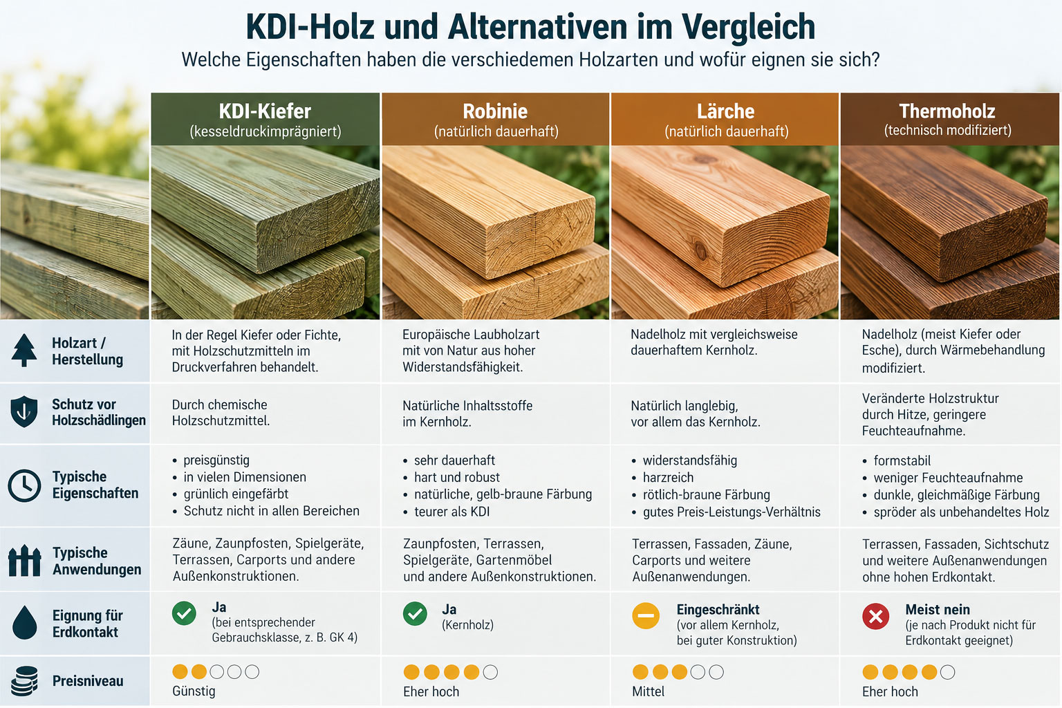Vergleichsgrafik mit KDI-Kiefer, Robinie, Lärche und Thermoholz. Gegenübergestellt werden Holzschutz, Eigenschaften, typische Anwendungen, Eignung für Erdkontakt und ungefähres Preisniveau.