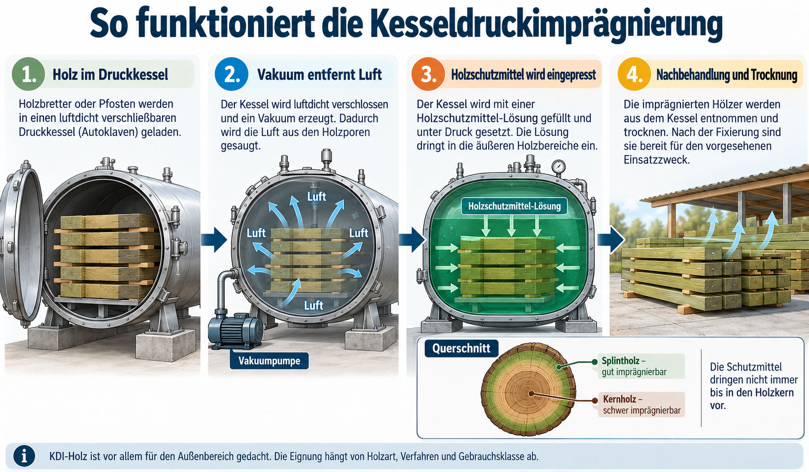 Infografik mit vier Schritten der Kesseldruckimprägnierung: Holz im Druckkessel, Vakuum, Einpressen der Holzschutzmittel und Nachbehandlung. Ein Holzquerschnitt zeigt die unterschiedliche Imprägnierbarkeit von Splint- und Kernholz.