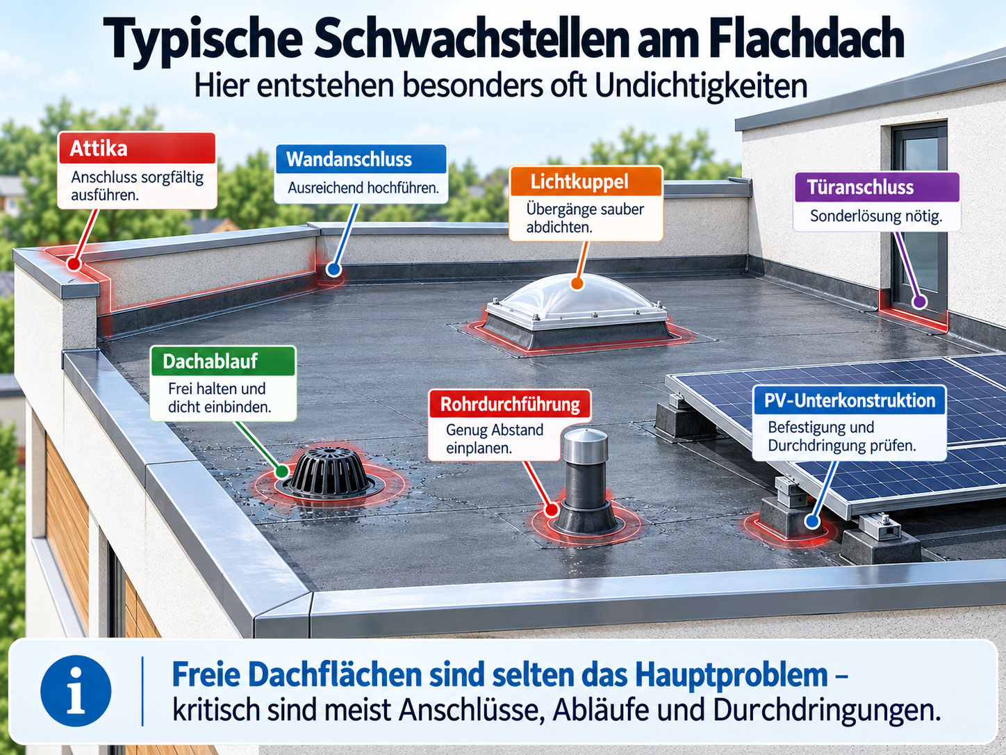Flachdach mit markierten Schwachstellen an Attika, Wandanschluss, Lichtkuppel, Dachablauf, Rohrdurchführung, Türanschluss und PV-Unterkonstruktion