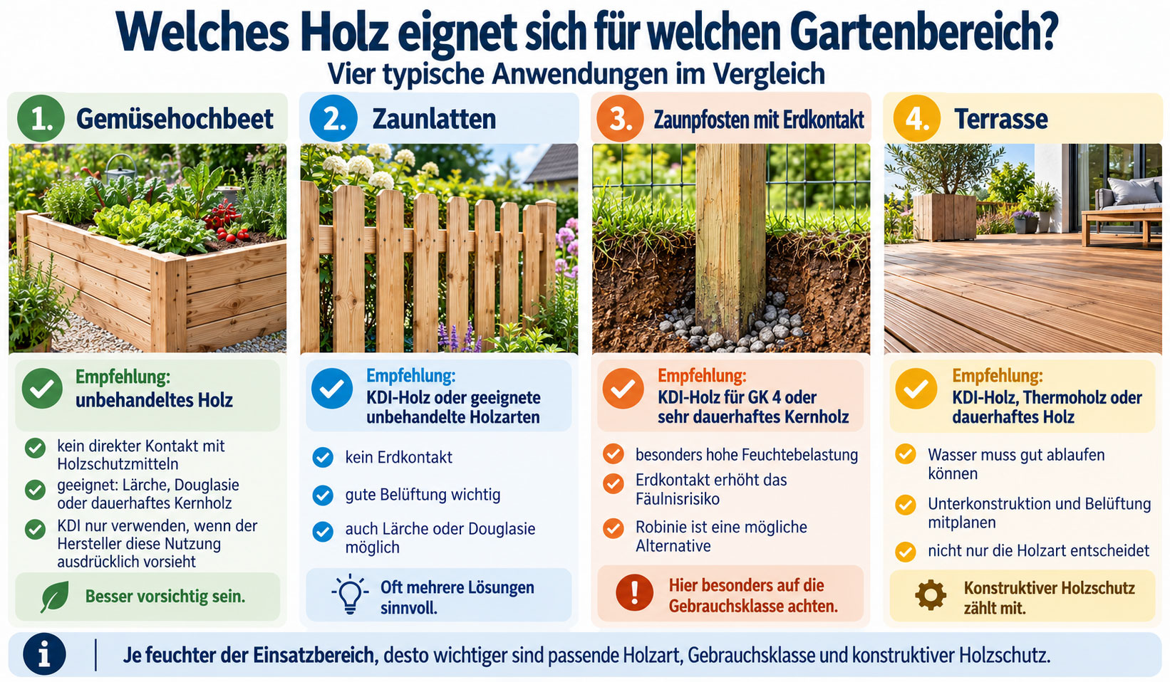 Infografik mit vier Gartenanwendungen: Gemüsehochbeet, Zaunlatten, Zaunpfosten mit Erdkontakt und Holzterrasse. Zu jeder Anwendung werden geeignete Holzarten und wichtige Hinweise zum Holzschutz genannt.