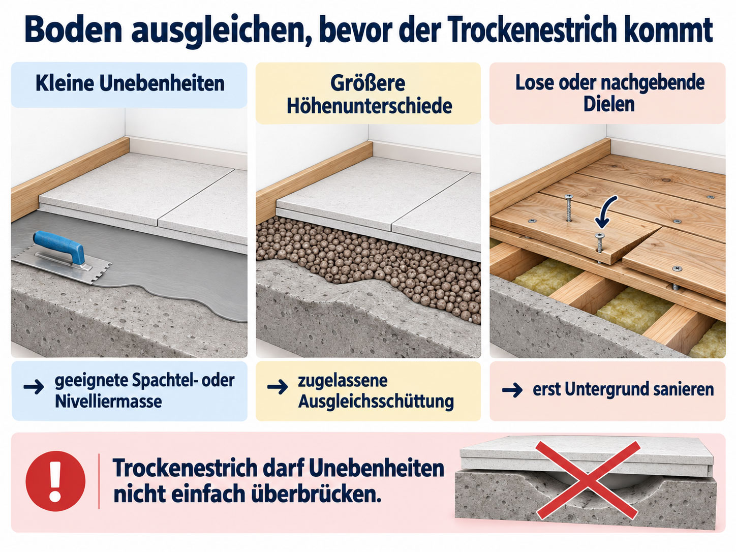 Drei M&ouml;glichkeiten zur Vorbereitung des Untergrunds f&uuml;r Trockenestrich: Spachtelmasse bei kleinen Unebenheiten, Ausgleichssch&uuml;ttung bei gr&ouml;&szlig;eren H&ouml;henunterschieden und Sanierung loser Dielen.