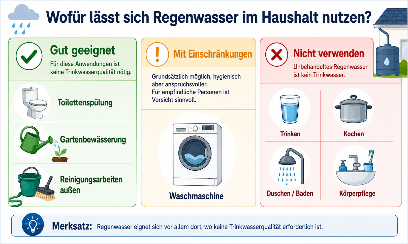 Regenwasser eignet sich besonders für Toilettenspülung, Gartenbewässerung und Reinigungsarbeiten im Außenbereich. Für die Waschmaschine ist die Nutzung grundsätzlich möglich, hygienisch aber sensibler; zum Trinken, Kochen, Duschen oder zur Körperpflege ist unbehandeltes Regenwasser nicht geeignet.