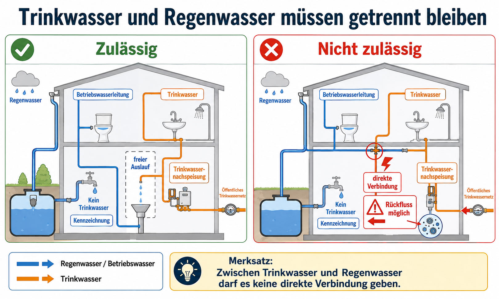 Trinkwasser- und Regenwassernetz müssen strikt getrennt bleiben. Zulässig ist eine Nachspeisung mit sicherer hydraulischer Trennung, etwa über einen freien Auslauf; eine direkte Verbindung beider Systeme ist nicht erlaubt.