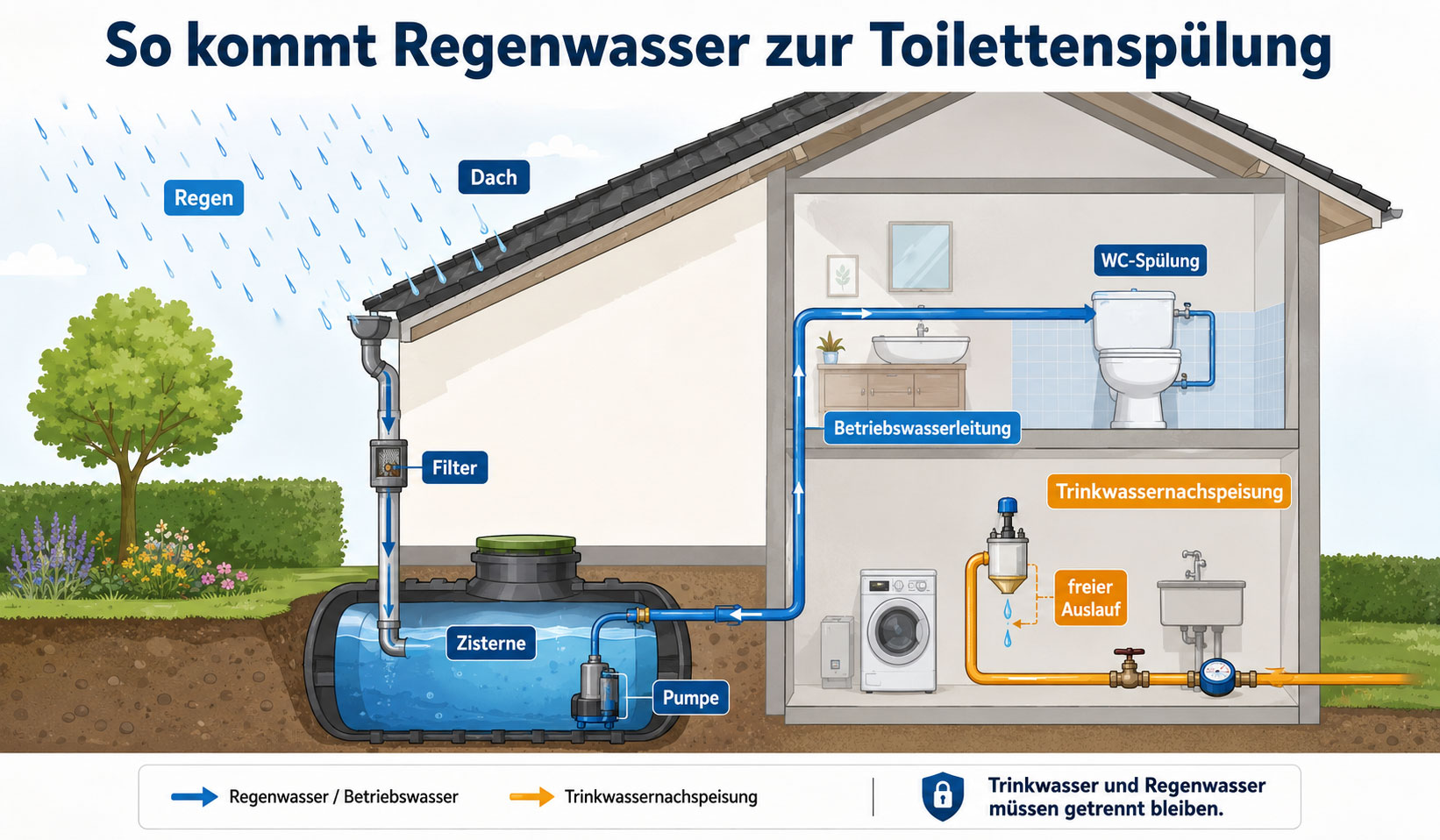 Regenwasser vom Dach wird gefiltert, in einer Zisterne gespeichert und über eine separate Betriebswasserleitung zur Toilettenspülung geführt. Ist der Speicher leer, übernimmt eine technisch getrennte Trinkwassernachspeisung.