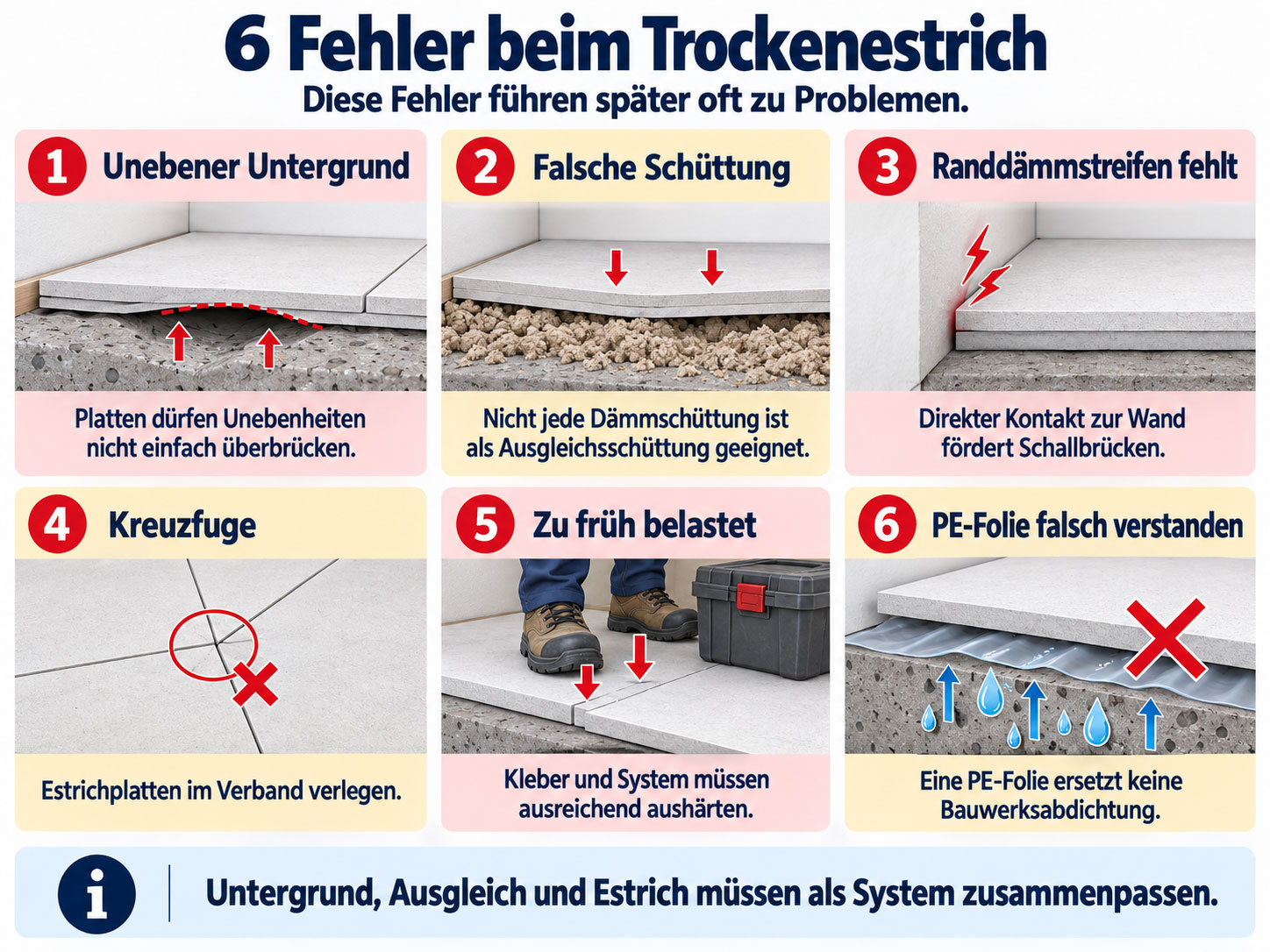 Infografik mit sechs typischen Fehlern beim Trockenestrich: unebener Untergrund, falsche Sch&uuml;ttung, fehlender Randd&auml;mmstreifen, Kreuzfugen, zu fr&uuml;he Belastung und falsch eingesetzte PE-Folie.