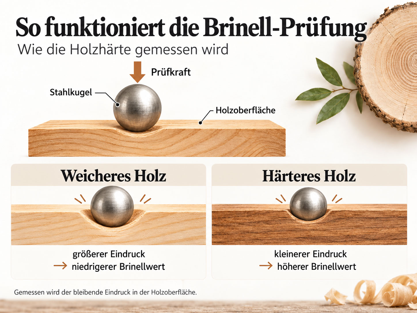Schematische Brinell-Prüfung von Holz mit Stahlkugel und Vergleich zwischen größerem Eindruck bei weicherem Holz und kleinerem Eindruck bei härterem Holz.