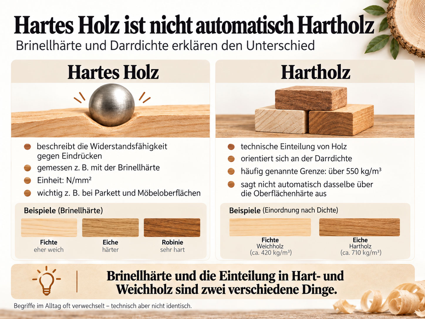 Infografik zum Unterschied zwischen hartem Holz nach Brinellhärte und Hartholz als Einteilung nach Darrdichte.