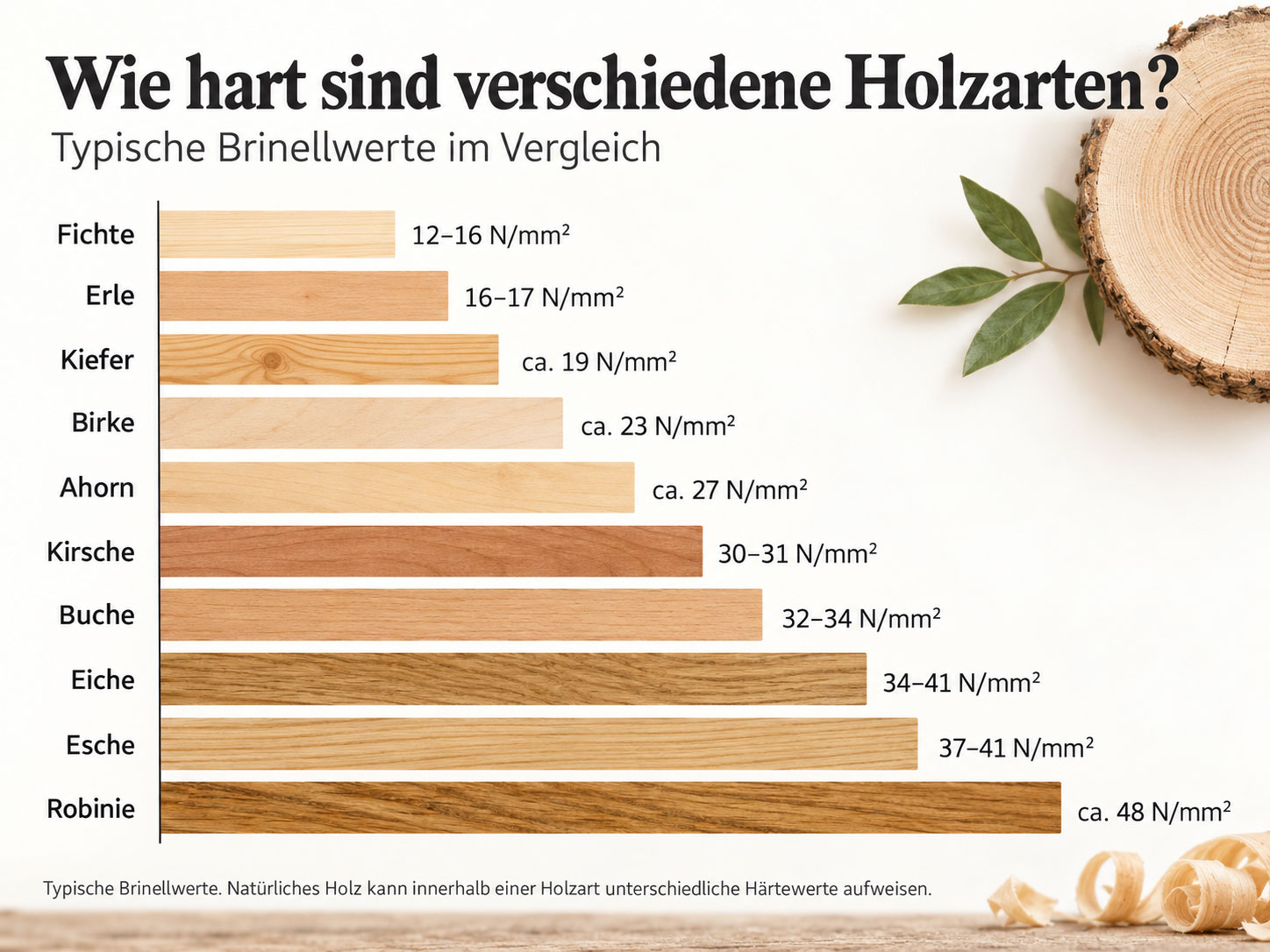Balkendiagramm mit Brinellwerten verschiedener Holzarten von Fichte mit 12 bis 16 N/mm² bis Robinie mit rund 48 N/mm².