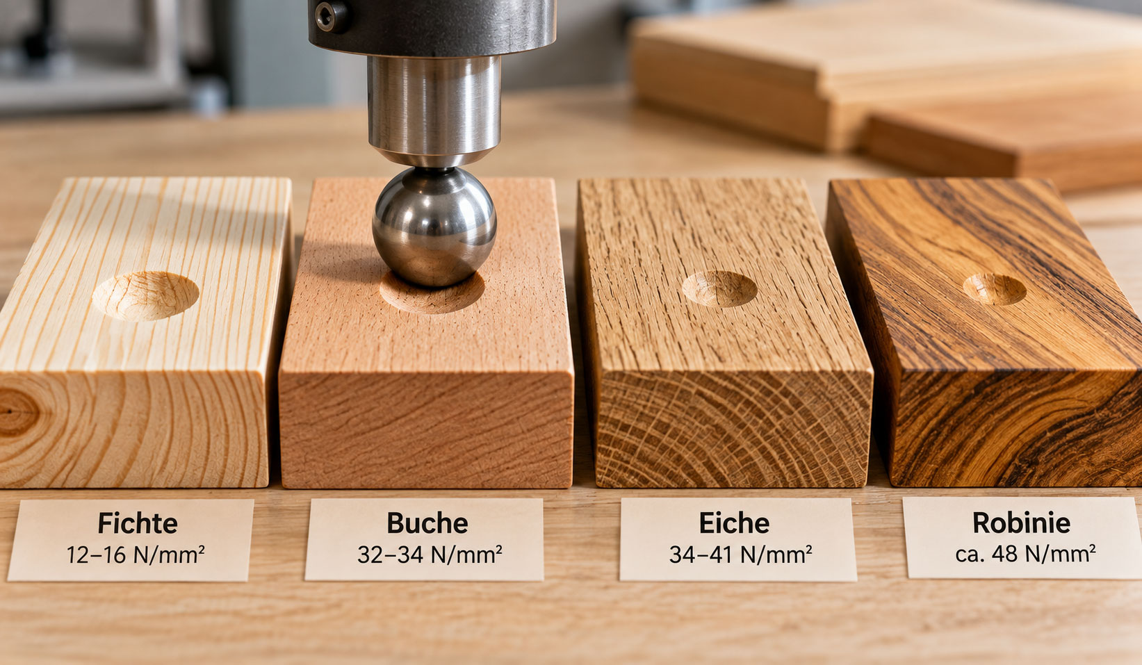 Vergleich von Fichte, Buche, Eiche und Robinie bei der Brinellhärte mit Prüfkugel und unterschiedlich großen Eindrücken im Holz.