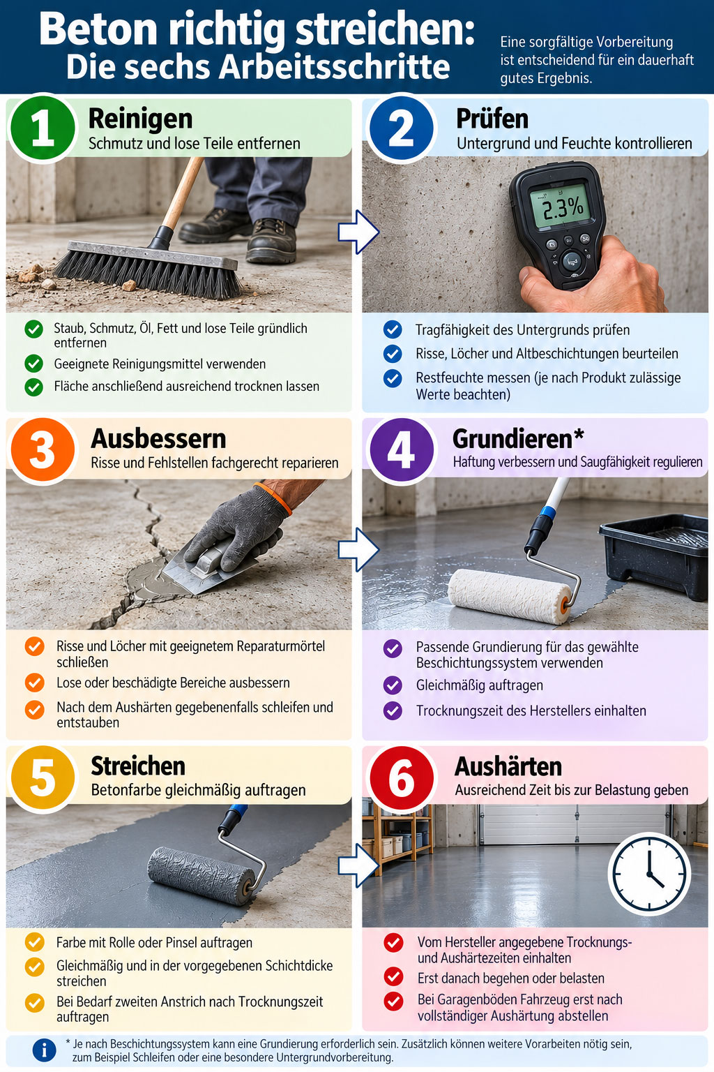 Hochformatige Infografik mit sechs Arbeitsschritten beim Betonstreichen: reinigen, Untergrund prüfen, Risse ausbessern, bei Bedarf grundieren, Betonfarbe auftragen und Beschichtung vollständig aushärten lassen.