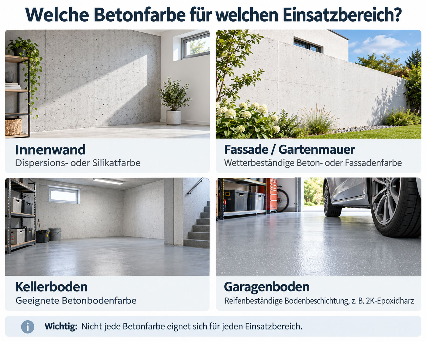 Infografik mit vier Einsatzbereichen für Betonfarben: Innenwand mit Dispersions- oder Silikatfarbe, Fassade und Gartenmauer mit wetterbeständiger Farbe, Kellerboden mit Betonbodenfarbe und Garagenboden mit reifenbeständiger Beschichtung.