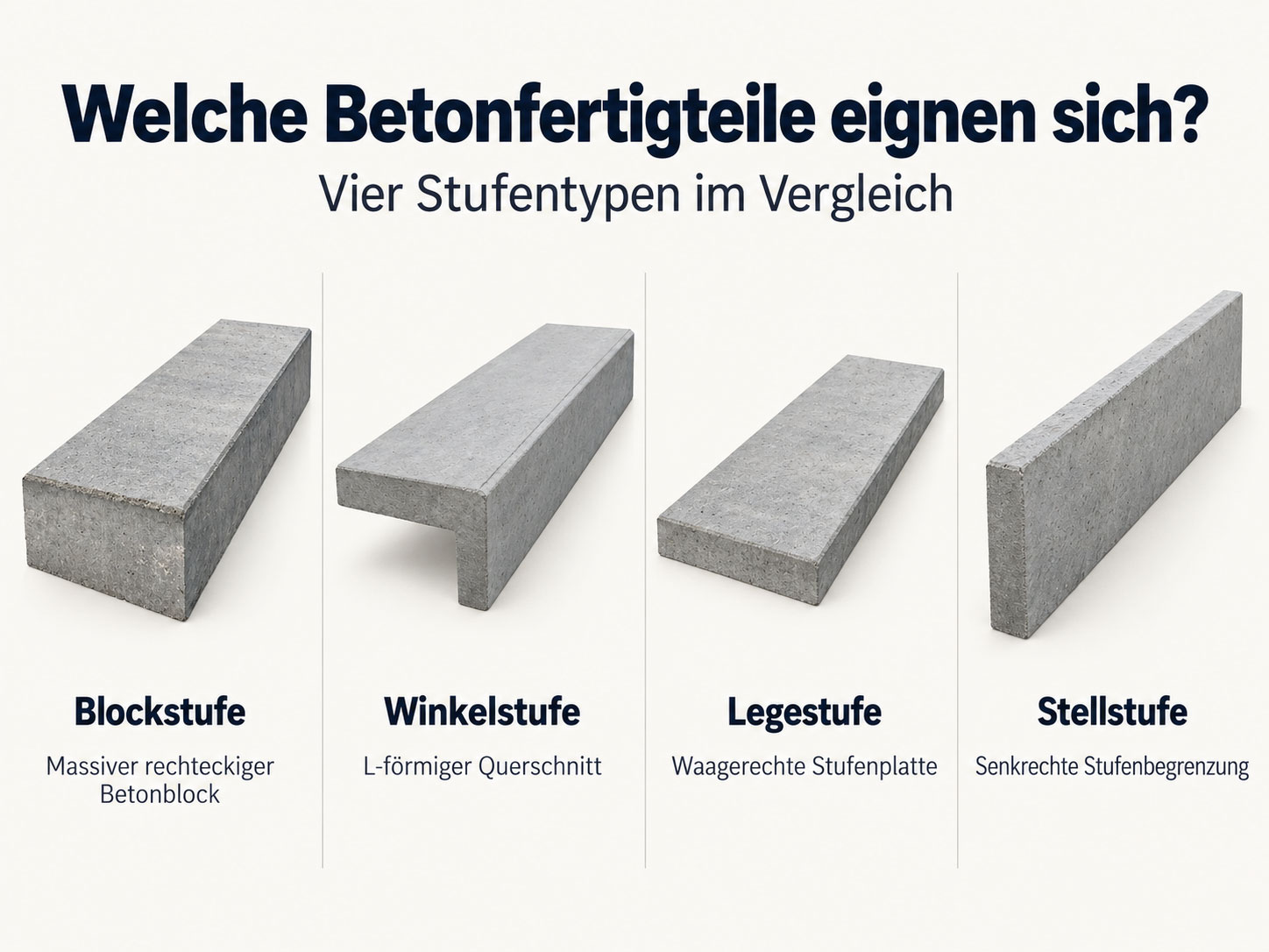 Vergleich von vier Betonfertigteilen f&uuml;r Gartentreppen: rechteckige Blockstufe, L-f&ouml;rmige Winkelstufe, flache Legestufe und senkrechte Stellstufe.