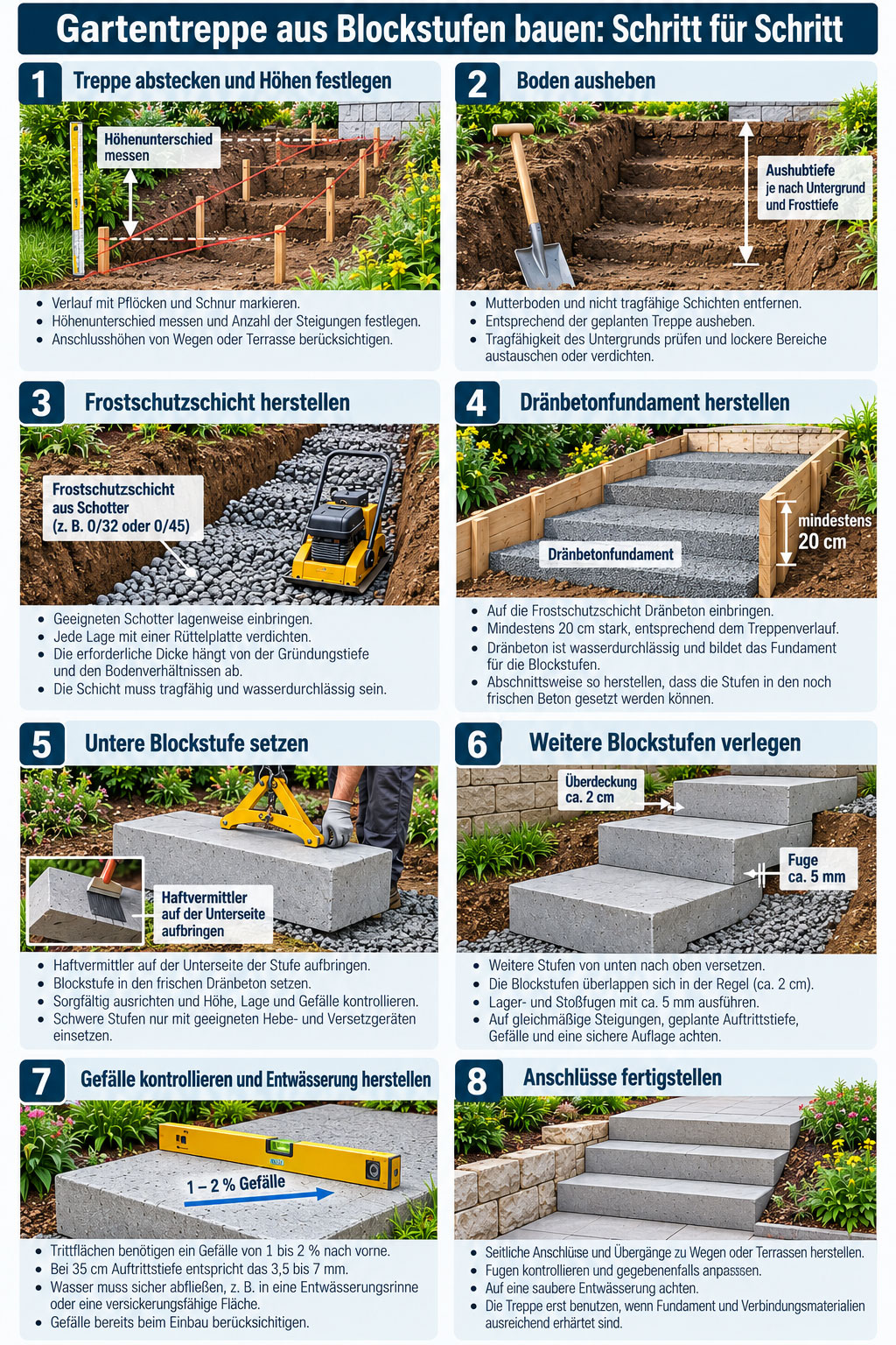 Achtteilige Schritt-f&uuml;r-Schritt-Grafik zum Bau einer Gartentreppe aus Betonblockstufen mit Aushub, Frostschutz, Dr&auml;nbeton, Stufenmontage und Entw&auml;sserung.