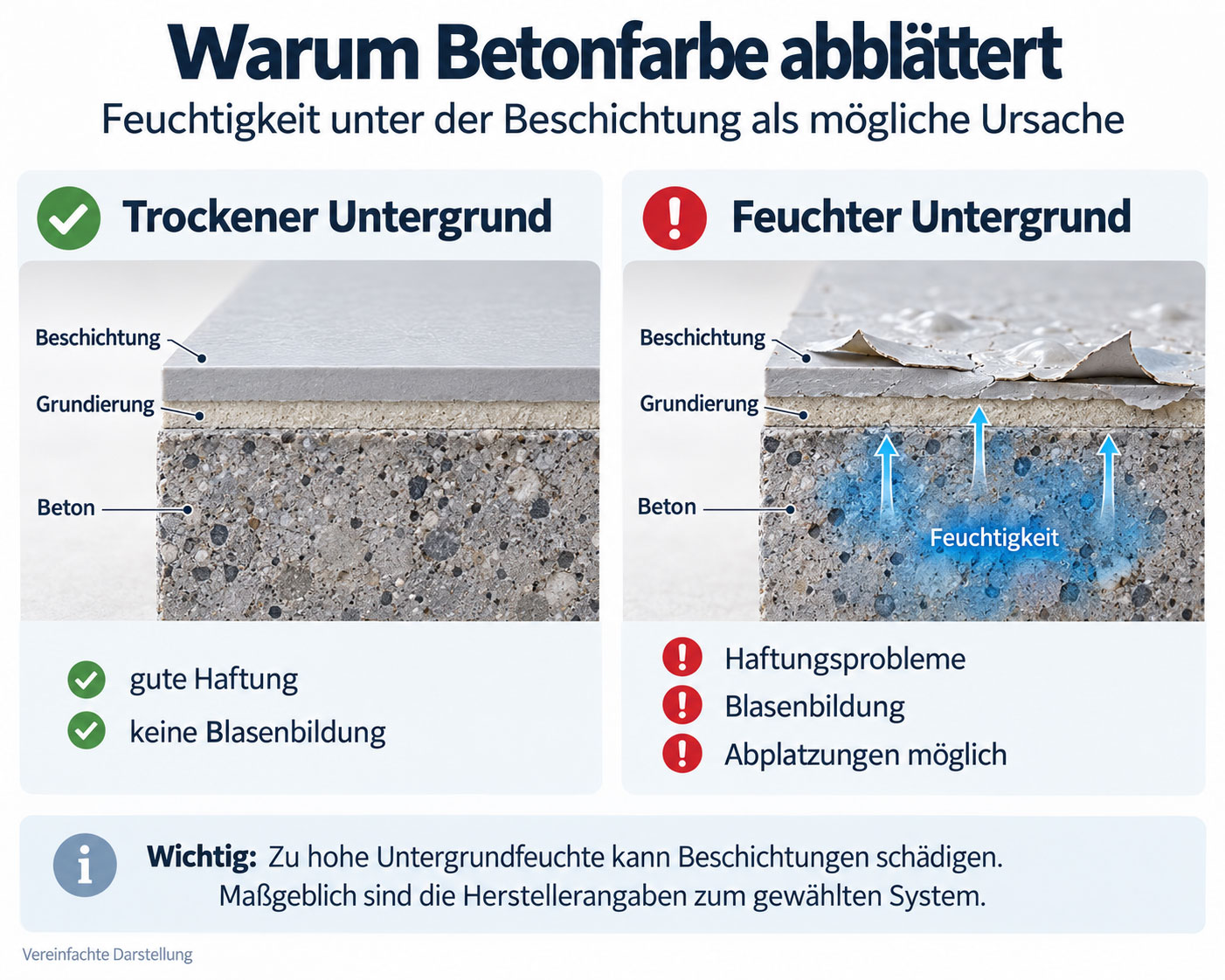 Vergleich zweier Betonquerschnitte: Links haftet die Beschichtung auf trockenem Beton. Rechts zeigen blaue Pfeile Feuchtigkeit im Untergrund, darüber bilden sich Blasen und die Beschichtung löst sich stellenweise ab.
