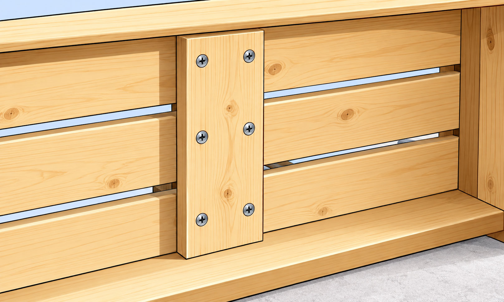 St&uuml;tzbrett unter der Ablagefl&auml;che einer Holz-Blumenbank mit sechs Schrauben befestigt.