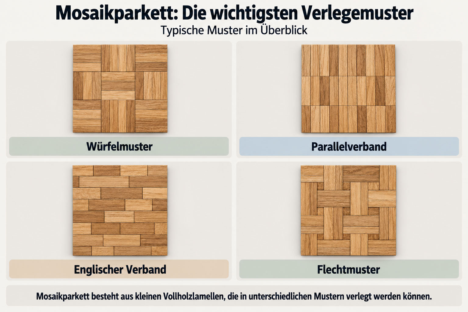 Vier Verlegemuster aus Holzlamellen: Würfelmuster, Parallelverband, englischer Verband und Flechtmuster bei Mosaikparkett.