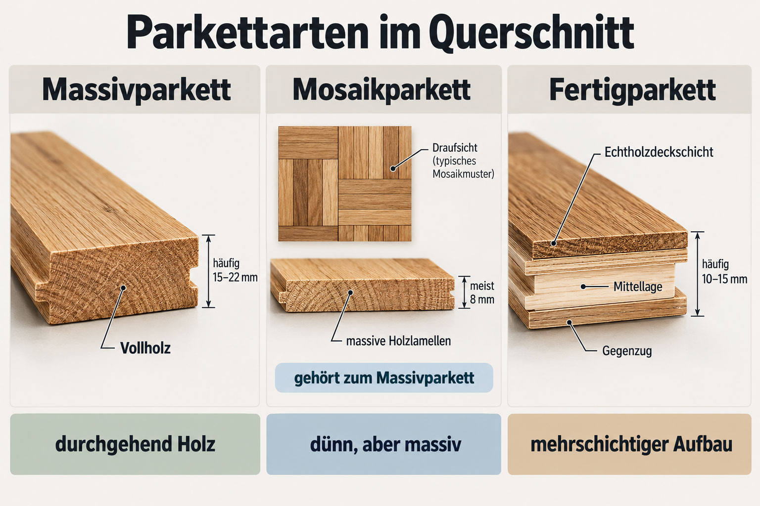 Querschnitt von Massivparkett, Mosaikparkett und Fertigparkett mit Darstellung der unterschiedlichen Holzschichten und Materialstärken.