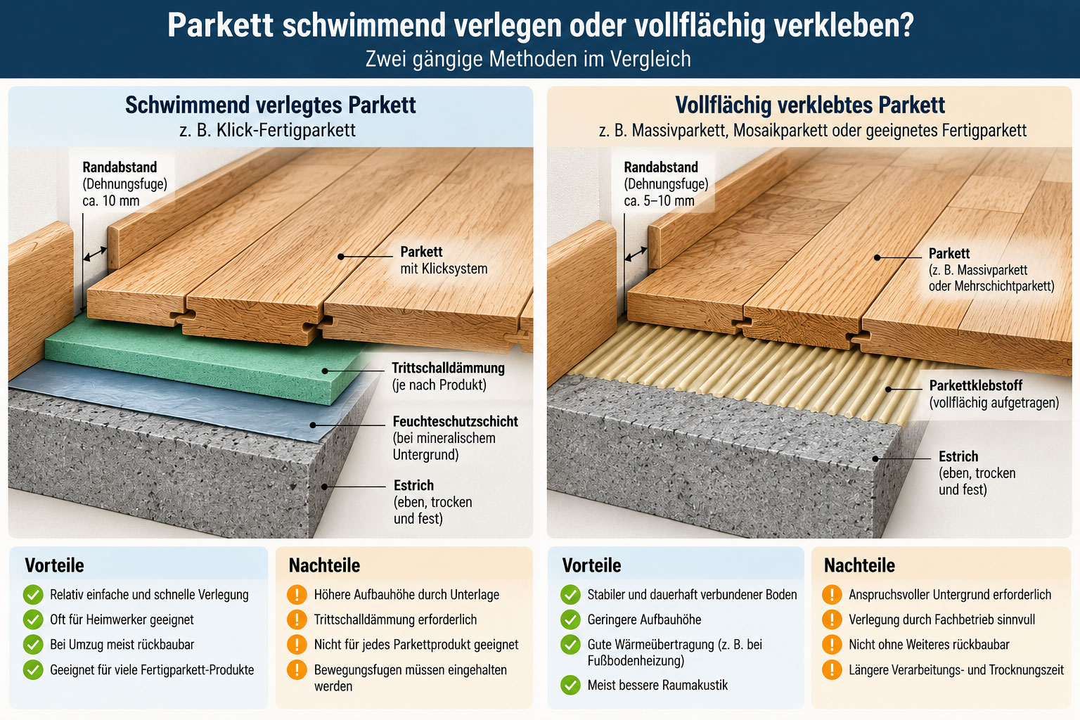 Schnittzeichnung zweier Parkettaufbauten: links schwimmend verlegtes Klickparkett mit Unterlage, rechts vollflächig verklebtes Parkett auf Estrich.