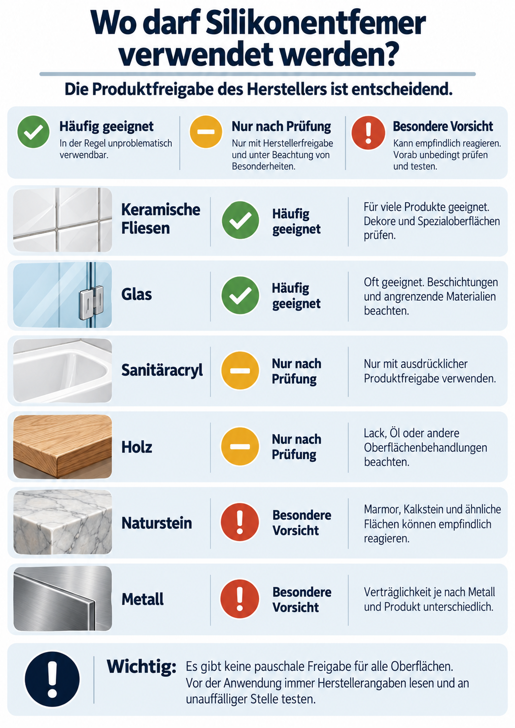 Übersicht zur Verträglichkeit von Silikonentfernern auf Fliesen, Glas, Sanitäracryl, Holz, Naturstein und Metall mit farbigen Warn- und Prüfsymbolen.