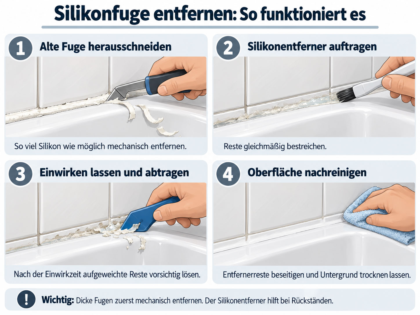 Vier Schritte zum Entfernen alter Silikonfugen: Silikon herausschneiden, Silikonentferner auftragen, aufgeweichte Reste abschaben und Oberfläche reinigen.