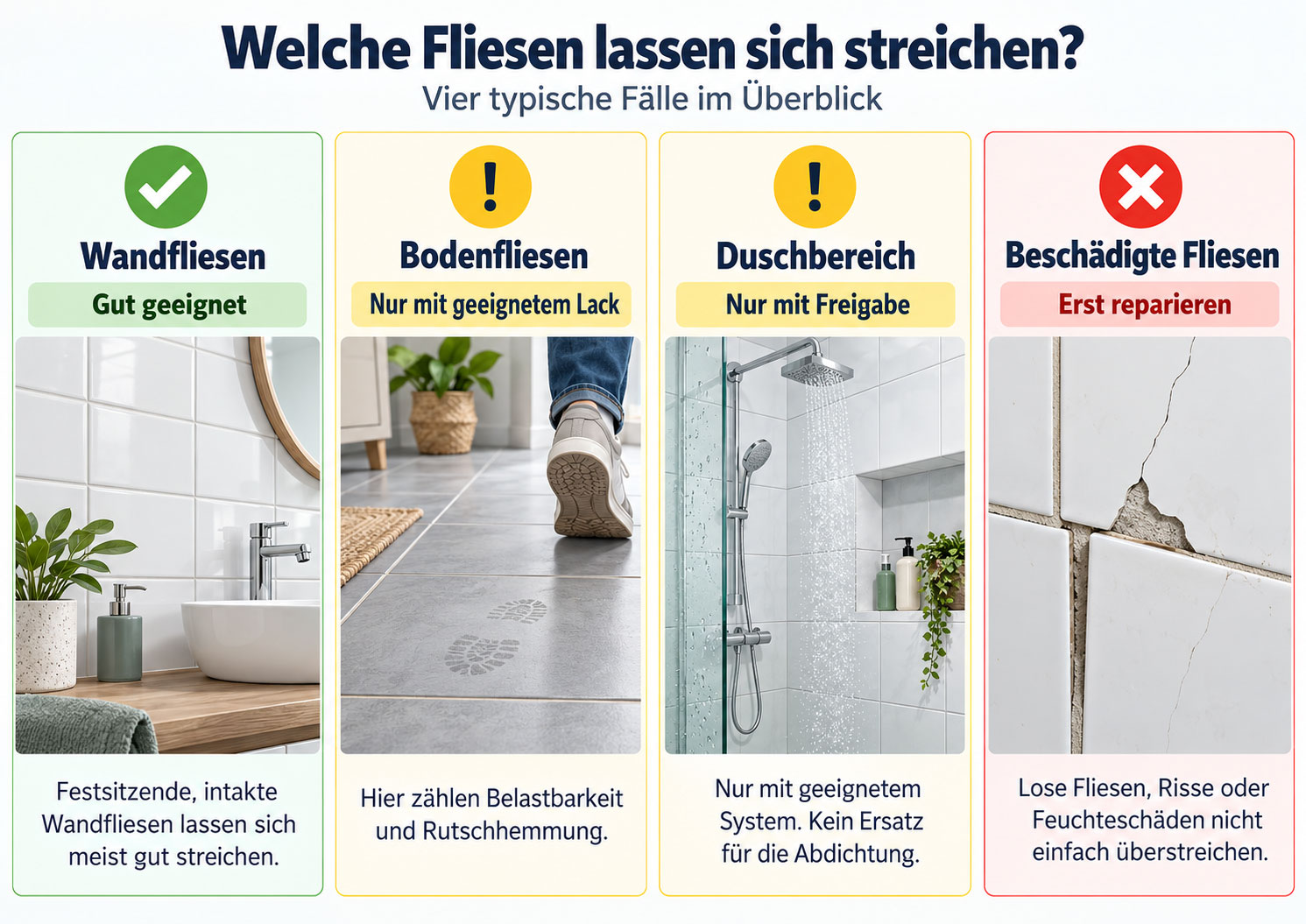 Infografik mit vier Fliesenarten: Wandfliesen sind gut geeignet, Bodenfliesen und Duschbereiche nur mit speziellen Lacken. Beschädigte Fliesen müssen zuerst repariert werden.