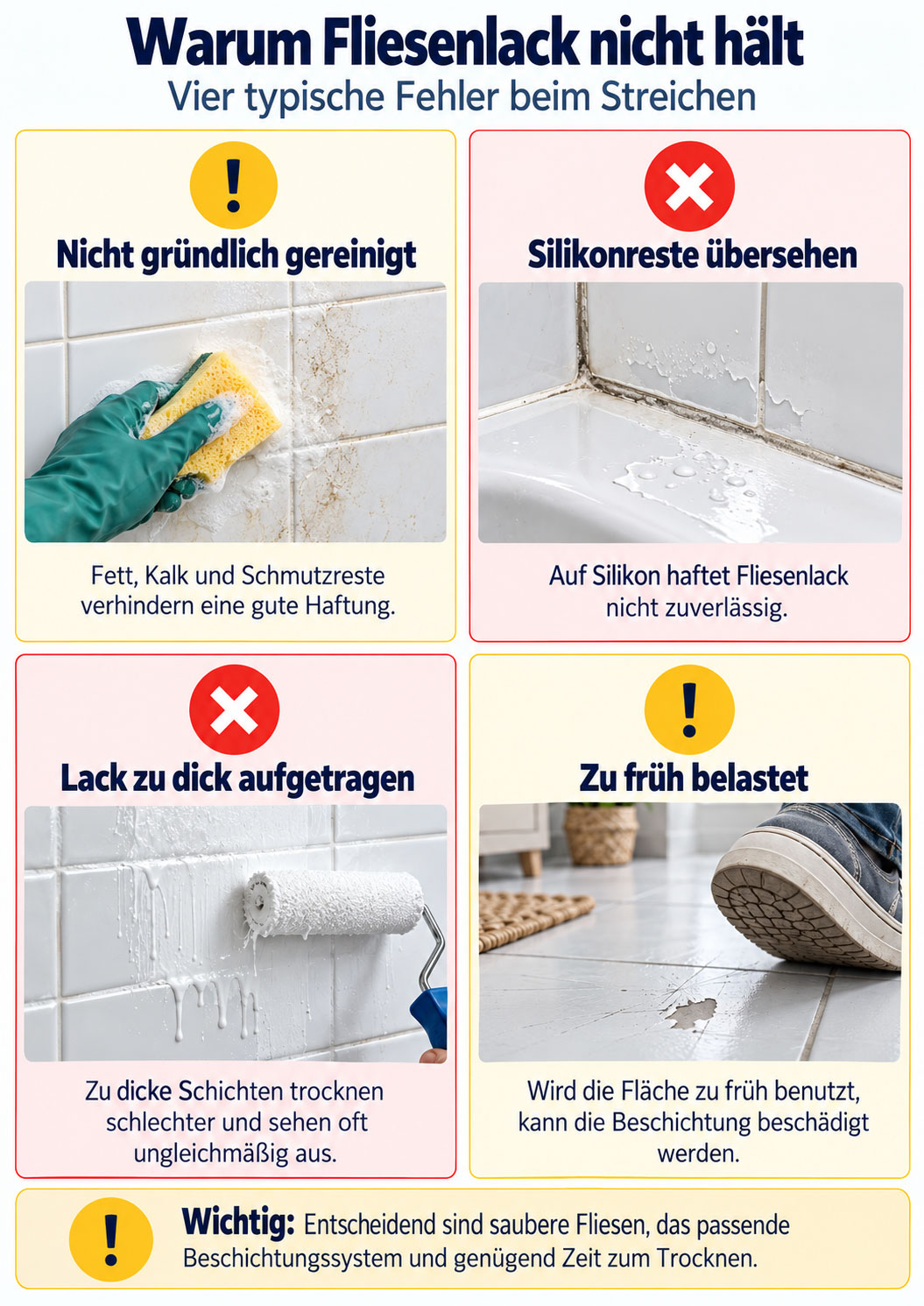 Vier typische Fehler beim Fliesenstreichen: unzureichende Reinigung, verbliebene Silikonreste, zu dick aufgetragener Lack und eine zu früh belastete Beschichtung.