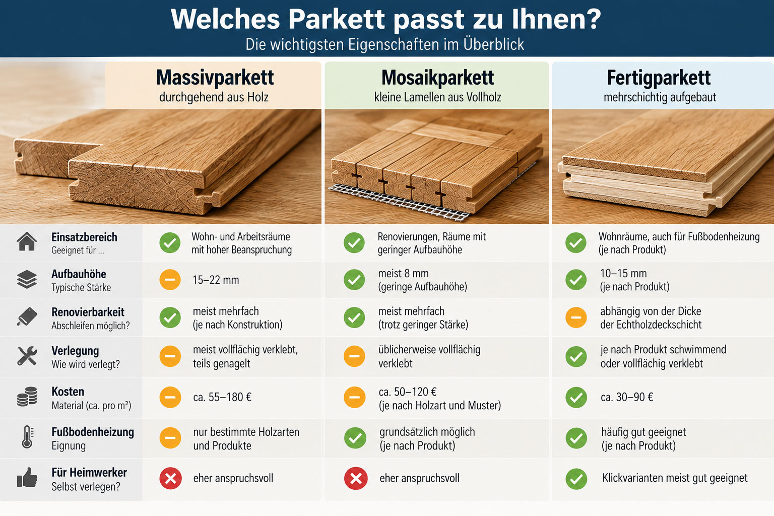 Vergleichstabelle von Massivparkett, Mosaikparkett und Fertigparkett mit Angaben zu Aufbauhöhe, Kosten, Renovierbarkeit, Verlegung und Fußbodenheizung.