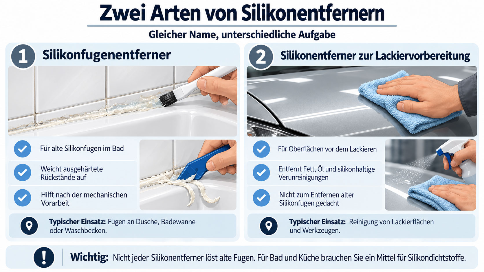 Vergleich zweier Silikonentferner: Links wird ein Mittel auf alte Silikonfugen im Bad aufgetragen, rechts wird eine Fahrzeugoberfläche vor dem Lackieren gereinigt.