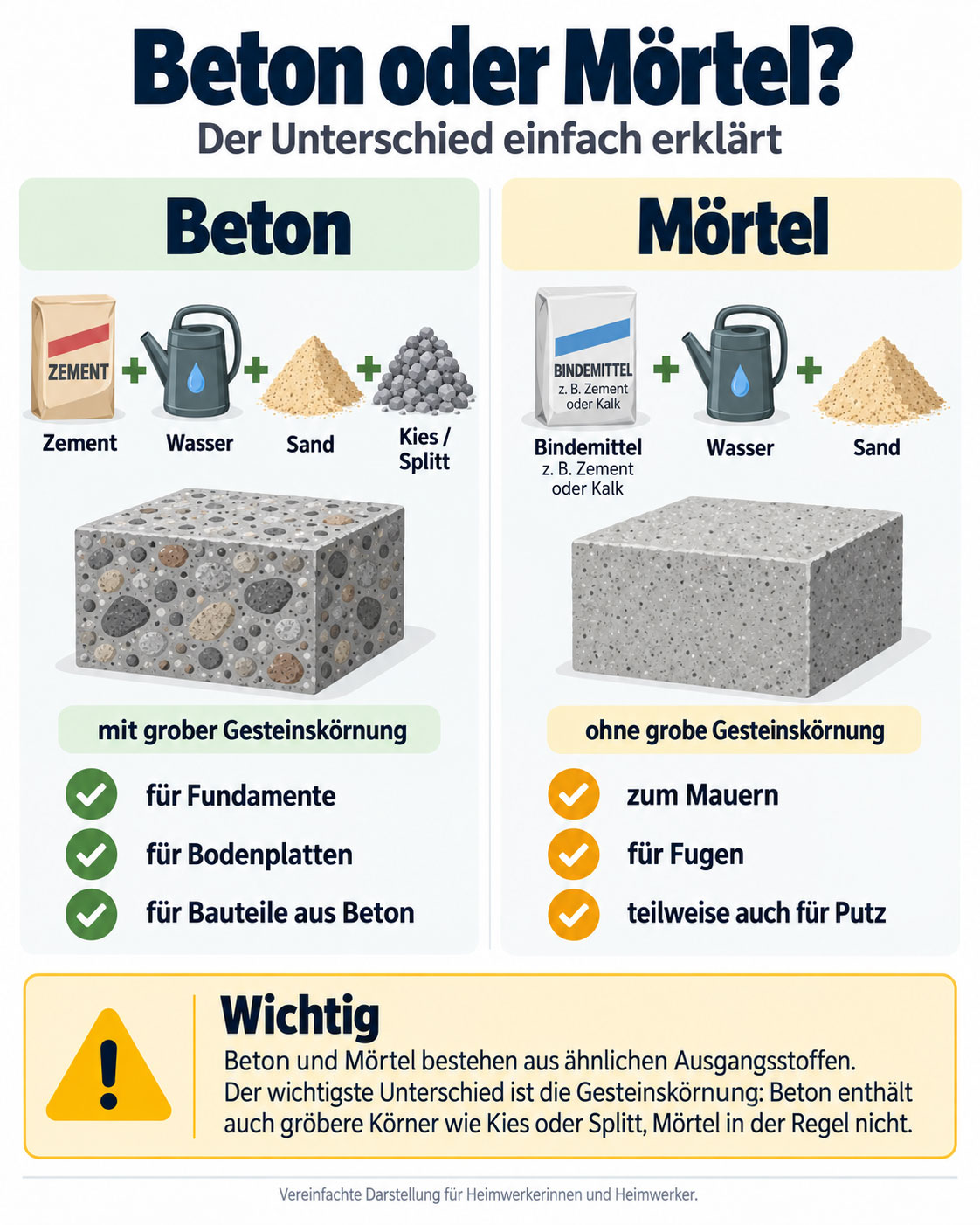 Infografik zum Unterschied zwischen Beton und Mörtel mit Zement, Wasser, Sand sowie Kies oder Splitt bei Beton und ohne grobe Gesteinskörnung bei Mörtel.