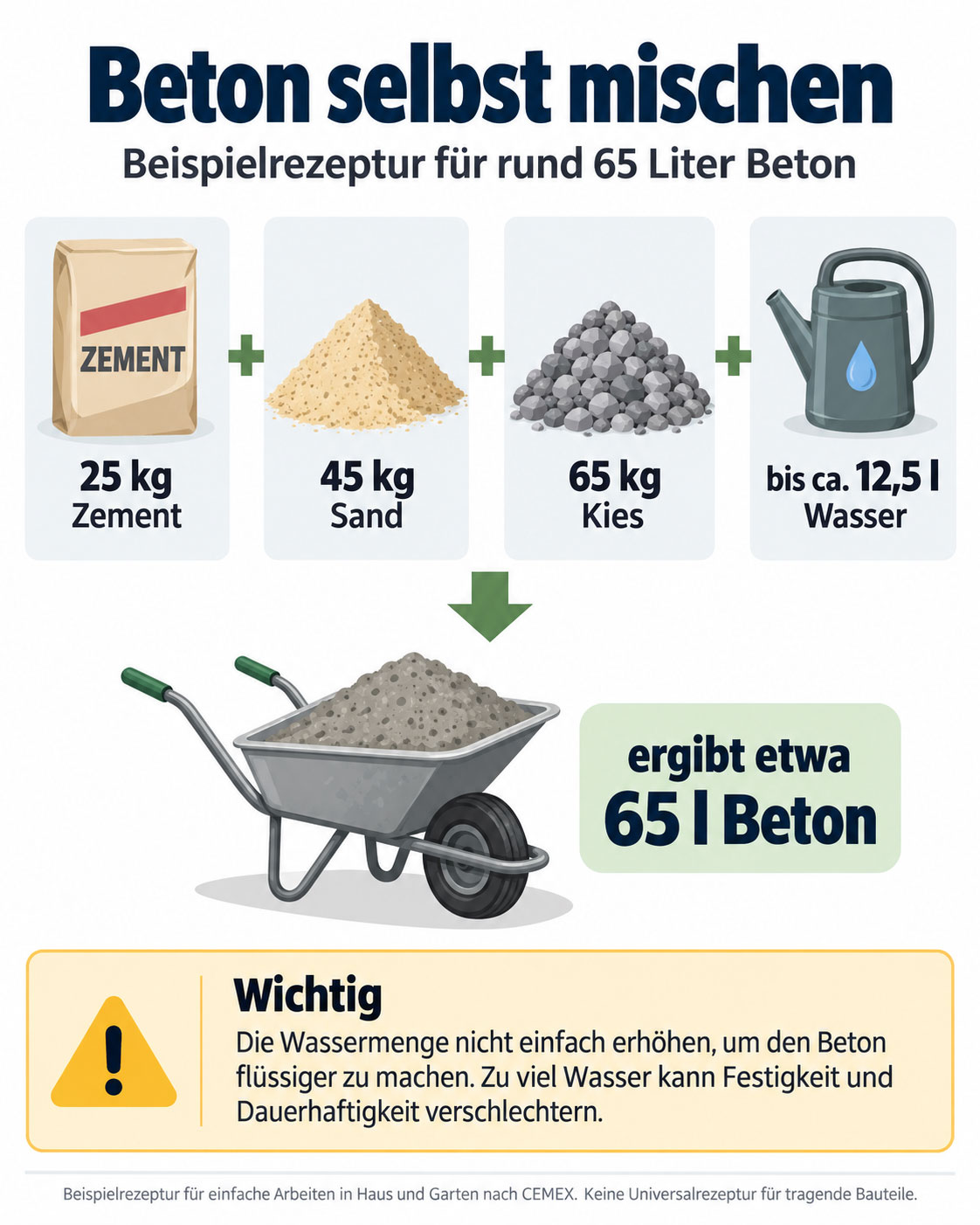 Infografik zum Betonmischen mit 25 kg Zement, 45 kg Sand, 65 kg Kies und bis zu 12,5 Litern Wasser für rund 65 Liter Beton.
