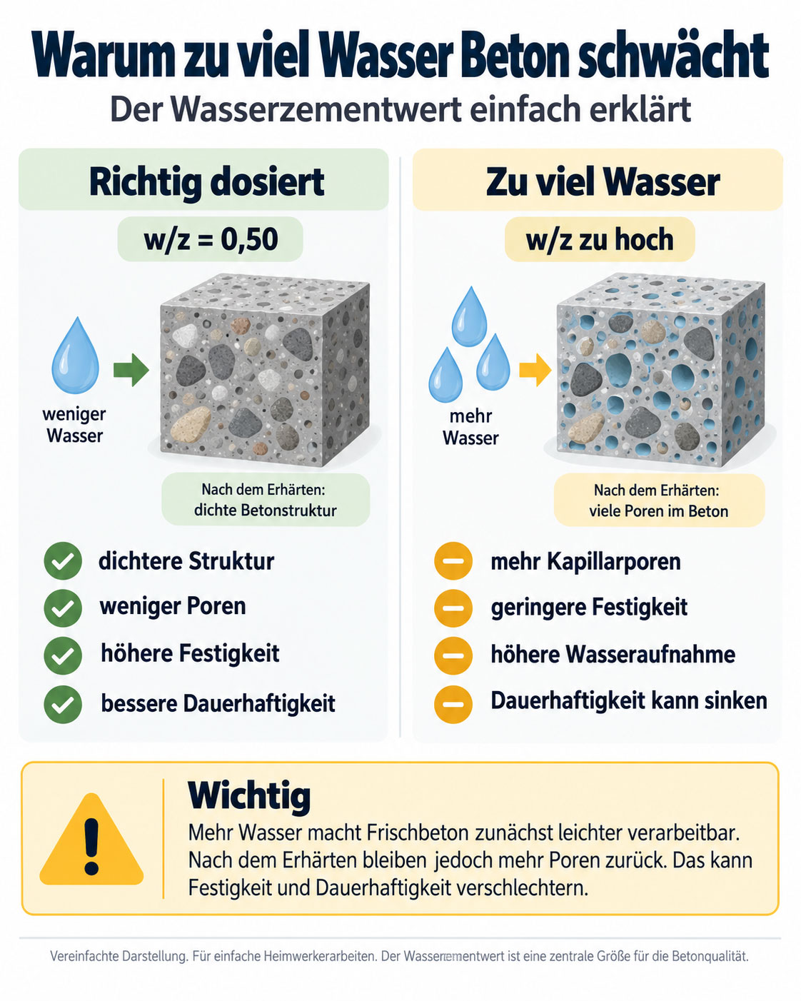 Infografik zum Wasserzementwert: Richtig dosierter Beton mit w/z 0,50 wird einer Mischung mit zu viel Wasser und mehr Poren gegenübergestellt.