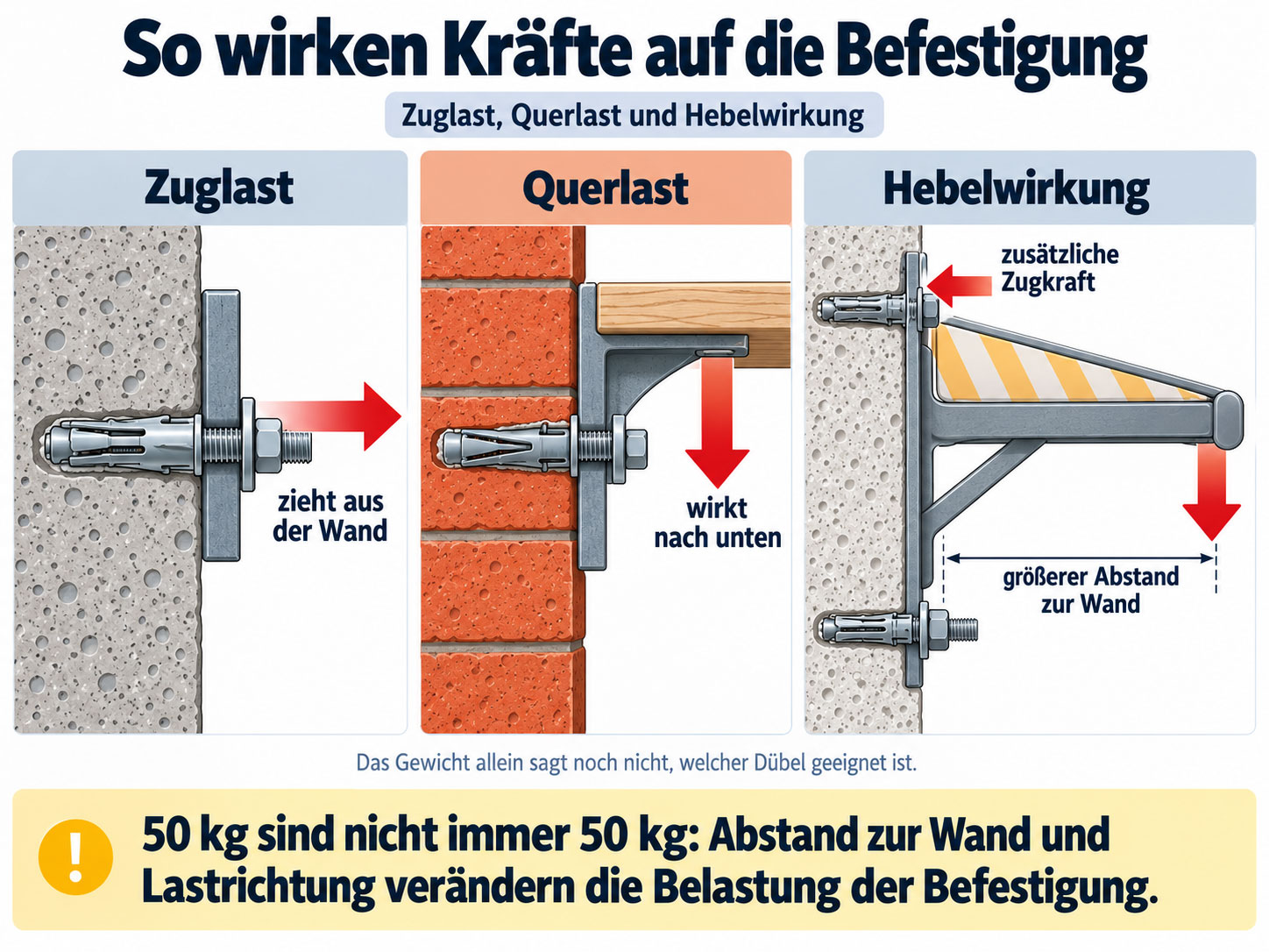 Infografik zeigt Zuglast, Querlast und Hebelwirkung bei Wandbefestigungen sowie die unterschiedlichen Kraftrichtungen auf Dübel und Anker.