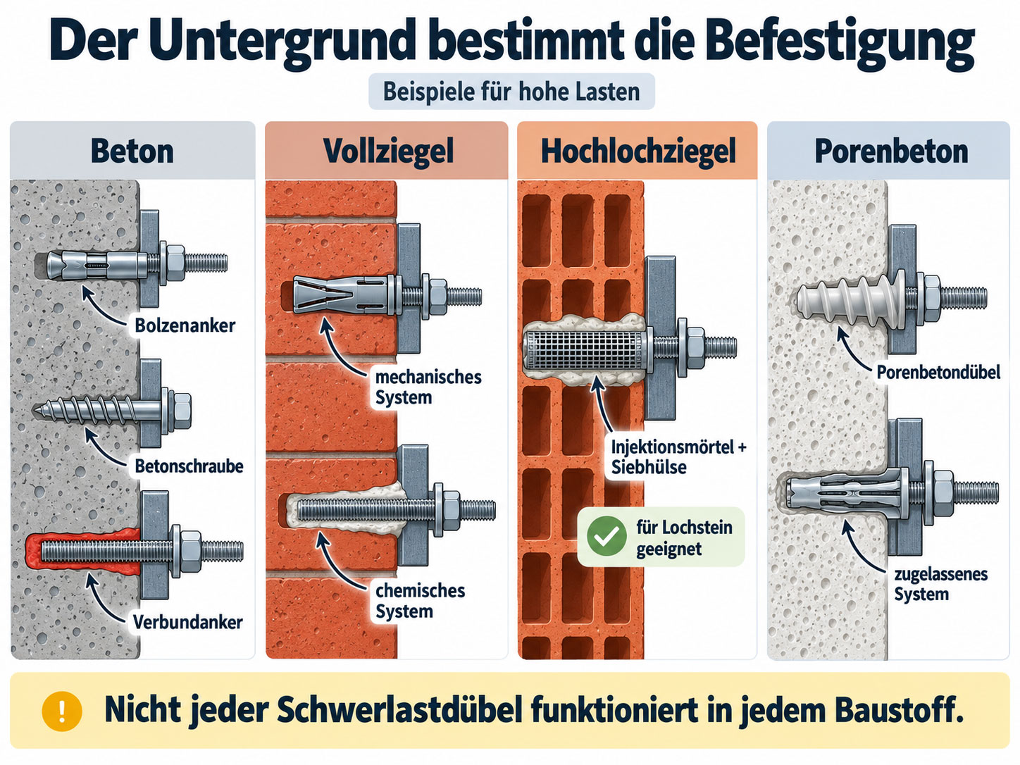 Infografik zu Schwerlastbefestigungen in Beton, Vollziegel, Hochlochziegel und Porenbeton mit passenden Dübel- und Ankersystemen.