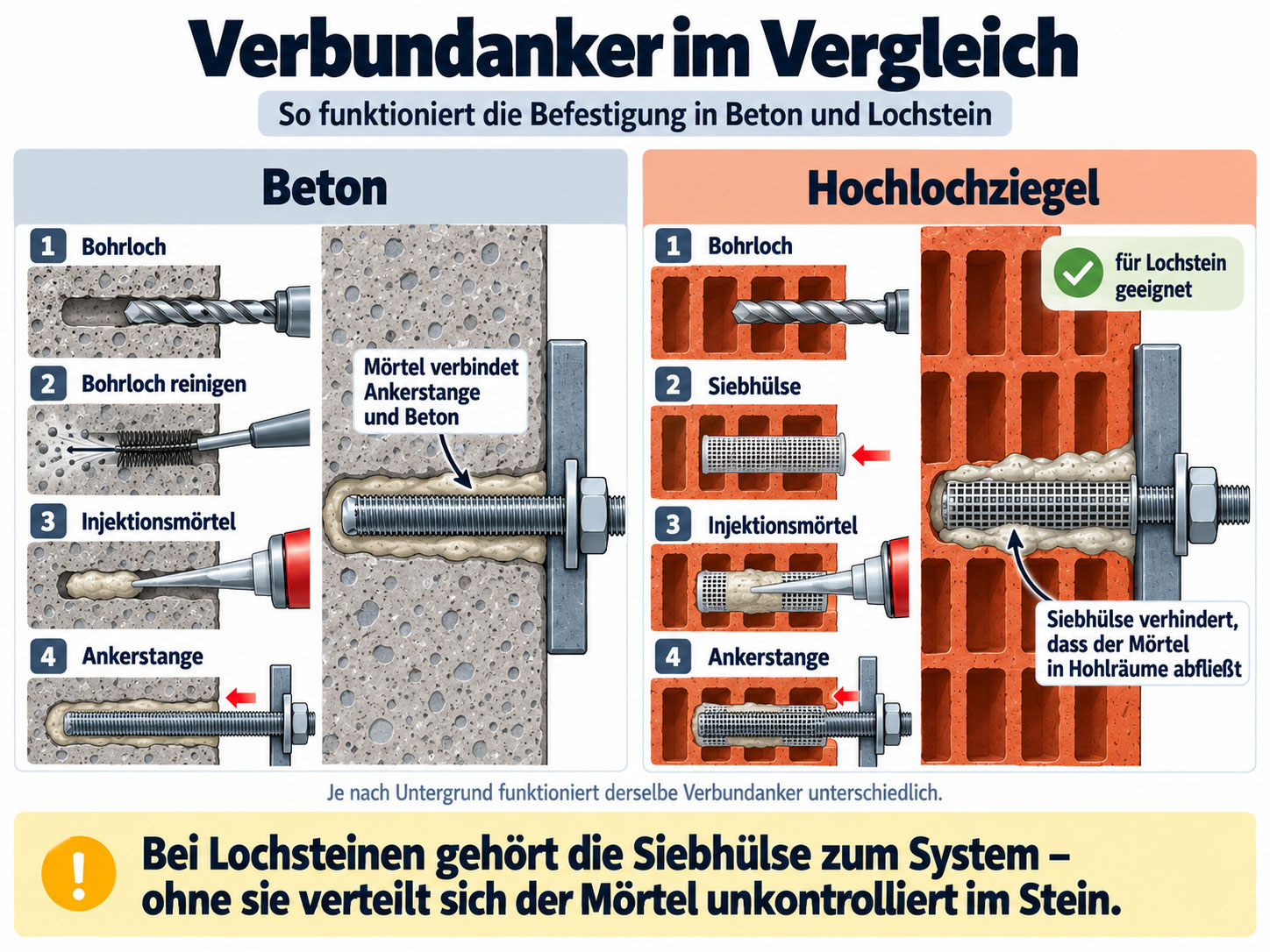 Infografik zur Montage von Verbundankern in Beton und Hochlochziegel mit Bohrlochreinigung, Injektionsmörtel, Ankerstange und Siebhülse.