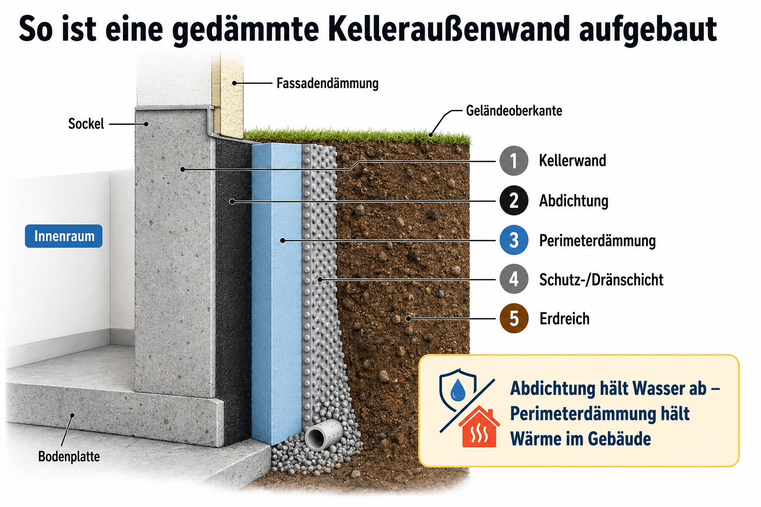 Aufbau einer ged&auml;mmten Kellerau&szlig;enwand: Auf die Abdichtung folgt die Perimeterd&auml;mmung, davor kann je nach System eine Schutz- oder Dr&auml;nschicht liegen. Die Abdichtung h&auml;lt Wasser ab, die D&auml;mmung reduziert W&auml;rmeverluste.