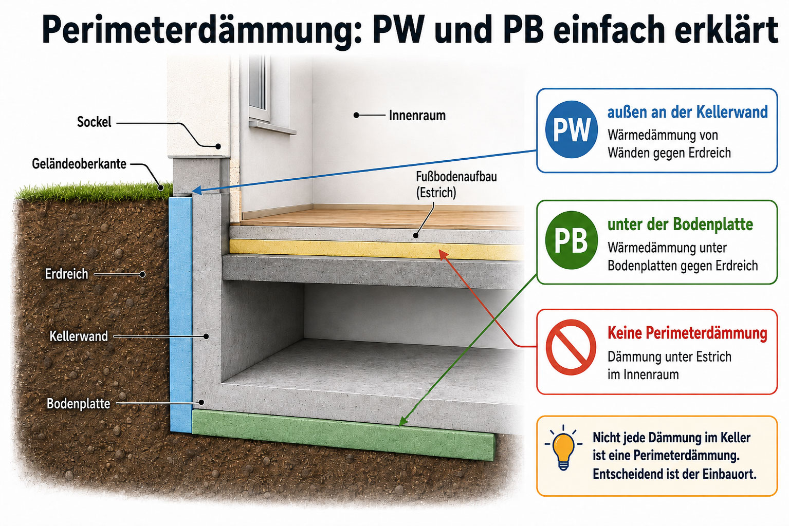 PW oder PB? Die Grafik zeigt, wo Perimeterd&auml;mmung eingesetzt wird: PW bezeichnet die au&szlig;enliegende D&auml;mmung von Kellerw&auml;nden gegen Erdreich, PB die D&auml;mmung unter der Bodenplatte. Eine D&auml;mmung unter dem Estrich im Innenraum z&auml;hlt dagegen nicht zur Perimeterd&auml;mmung.