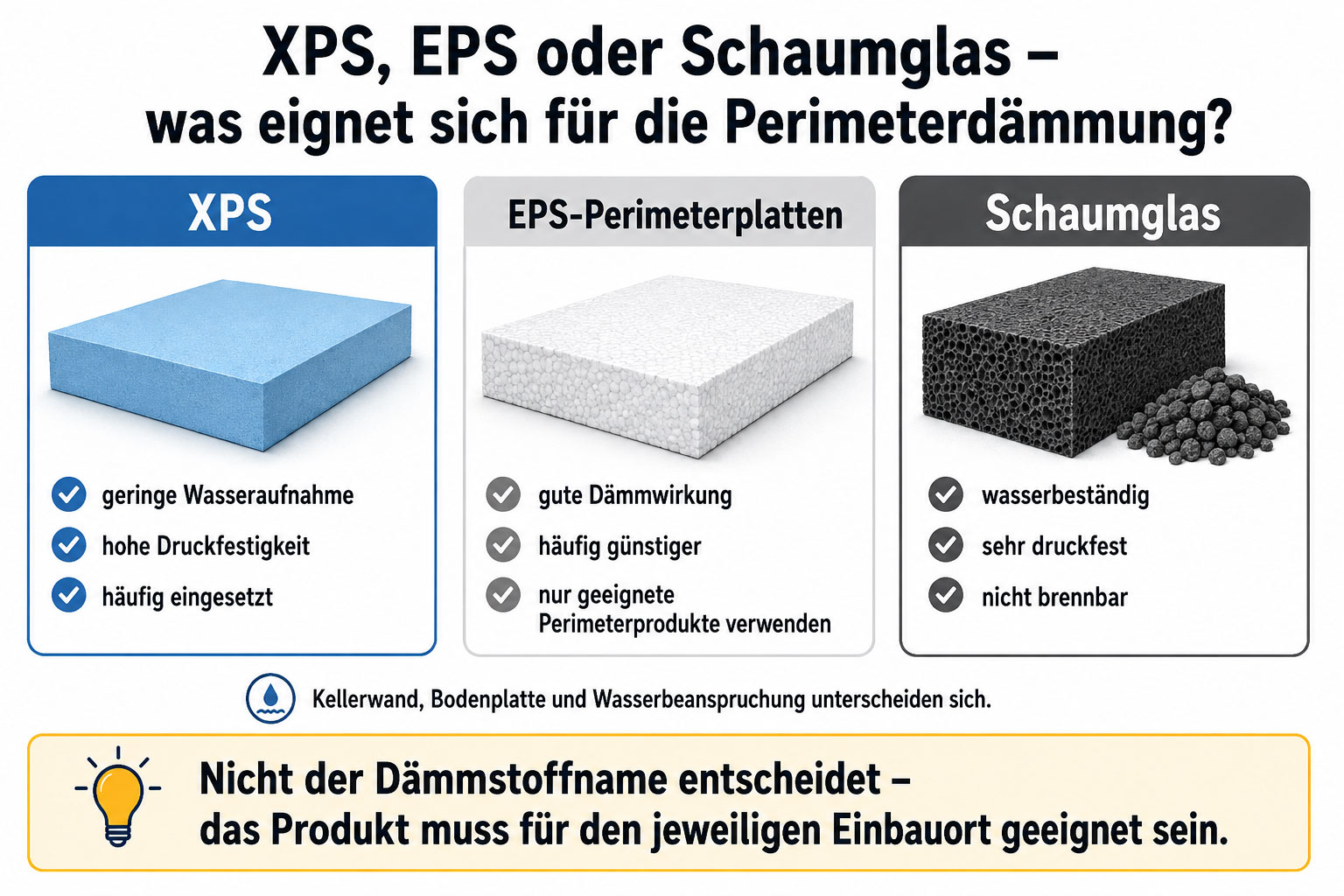 F&uuml;r die Perimeterd&auml;mmung kommen unter anderem XPS, spezielle EPS-Perimeterplatten und Schaumglas infrage. Welcher D&auml;mmstoff geeignet ist, h&auml;ngt vom Einbauort, der Belastung und der Wasserbeanspruchung ab &ndash; nicht allein vom Materialnamen.