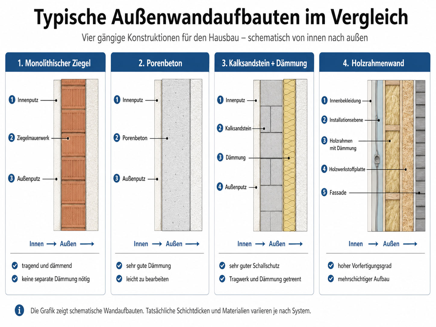 Typische Au&szlig;enwandaufbauten im Vergleich: Ziegel und Porenbeton k&ouml;nnen monolithisch ausgef&uuml;hrt werden, Kalksandstein ben&ouml;tigt eine separate D&auml;mmschicht. Holzrahmenw&auml;nde bestehen dagegen aus mehreren funktionalen Schichten mit integrierter D&auml;mmung.
