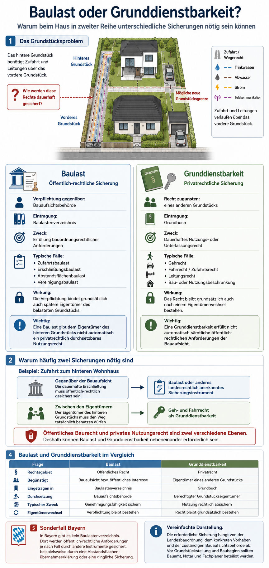 Infografik zum Unterschied zwischen Baulast und Grunddienstbarkeit bei einer Hinterlandbebauung mit Zufahrt und Leitungen über das vordere Grundstück.
