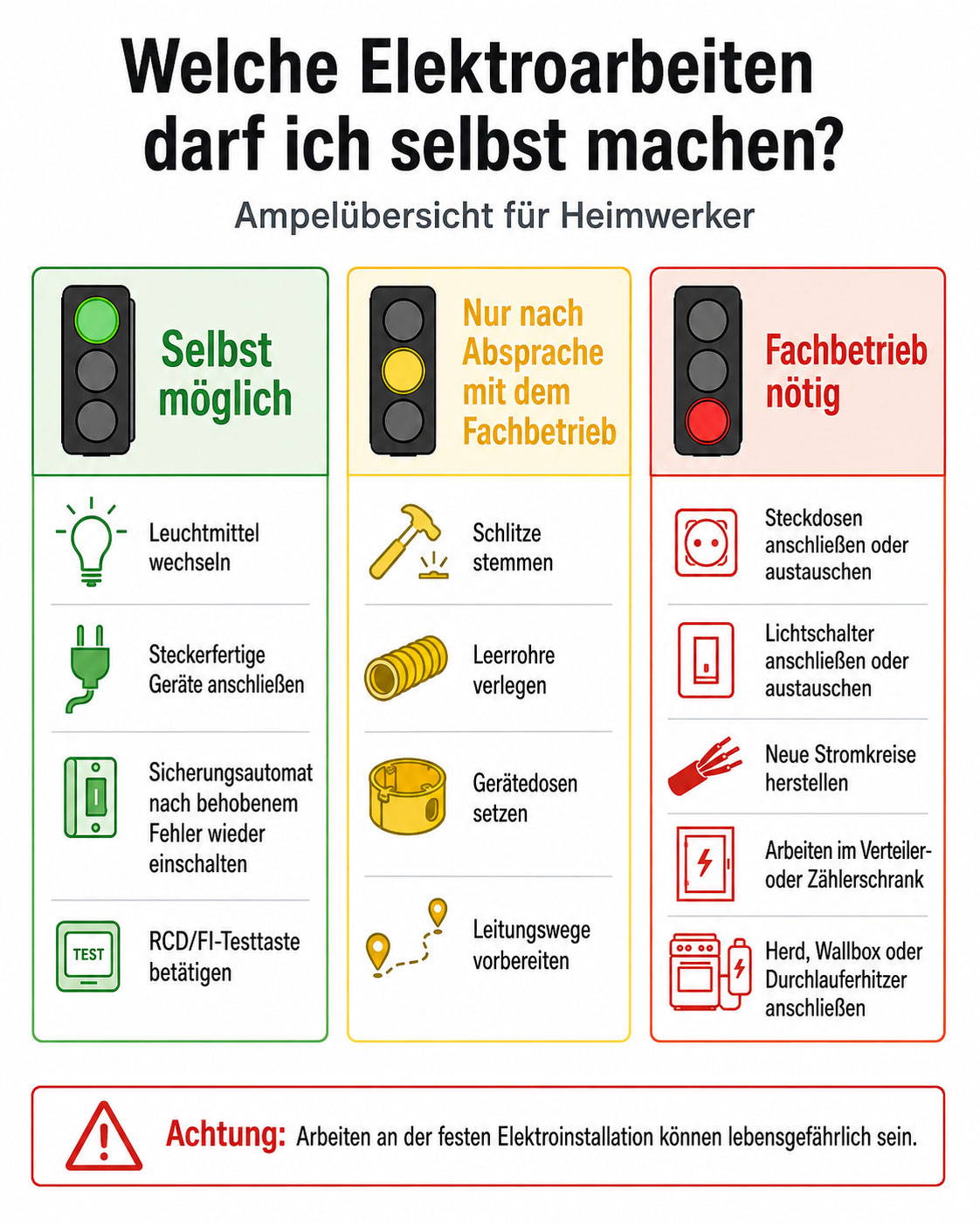 Welche Elektroarbeiten k&ouml;nnen Heimwerker selbst erledigen? Die Ampel zeigt, wo Eigenleistung m&ouml;glich ist, was nur nach Absprache mit dem Fachbetrieb sinnvoll ist und welche Arbeiten ausschlie&szlig;lich in fachkundige H&auml;nde geh&ouml;ren.