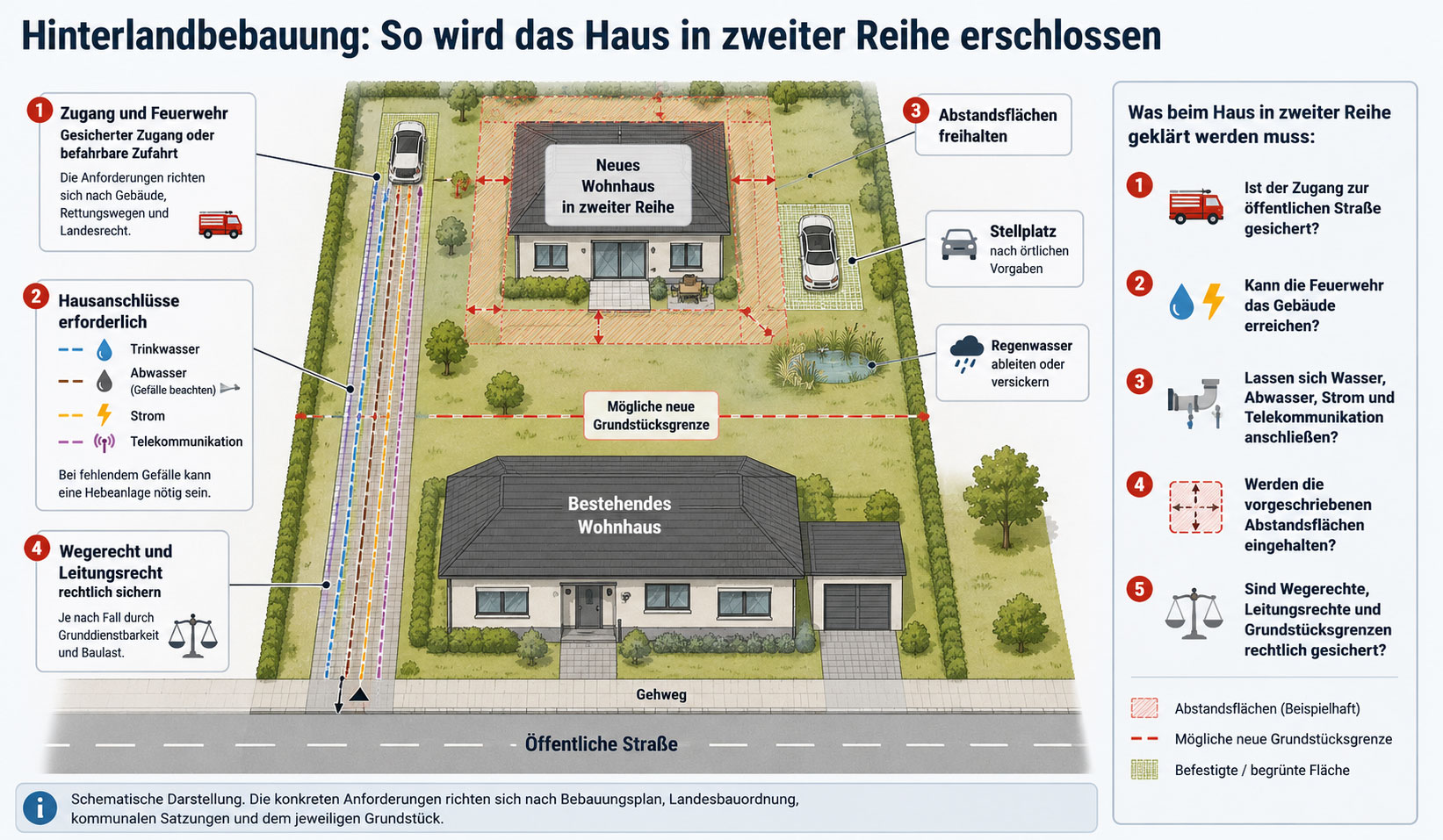 Schematischer Lageplan einer Hinterlandbebauung mit bestehendem Wohnhaus, neuem Haus in zweiter Reihe, Zufahrt, Versorgungsleitungen und Abstandsflächen.