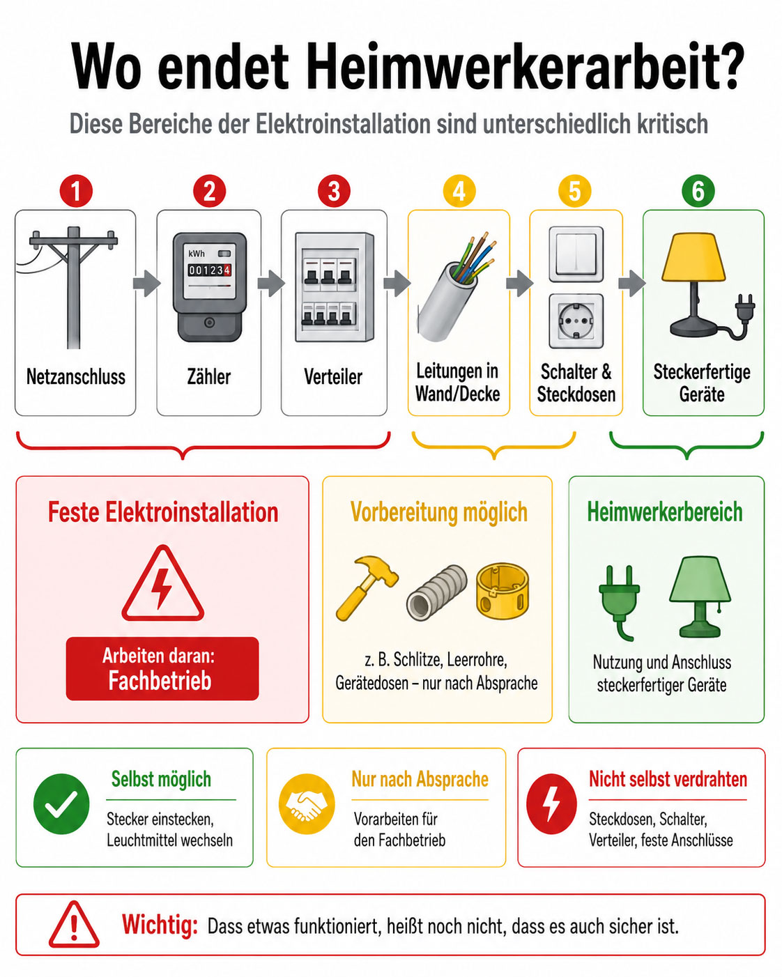 Die Grafik zeigt, wo die Grenze zwischen Heimwerkerarbeit und fester Elektroinstallation verl&auml;uft: Mechanische Vorarbeiten sind nach Absprache m&ouml;glich, Anschl&uuml;sse an Steckdosen, Schaltern, Verteilern und festen Ger&auml;ten geh&ouml;ren in die H&auml;nde des Fachbetriebs.