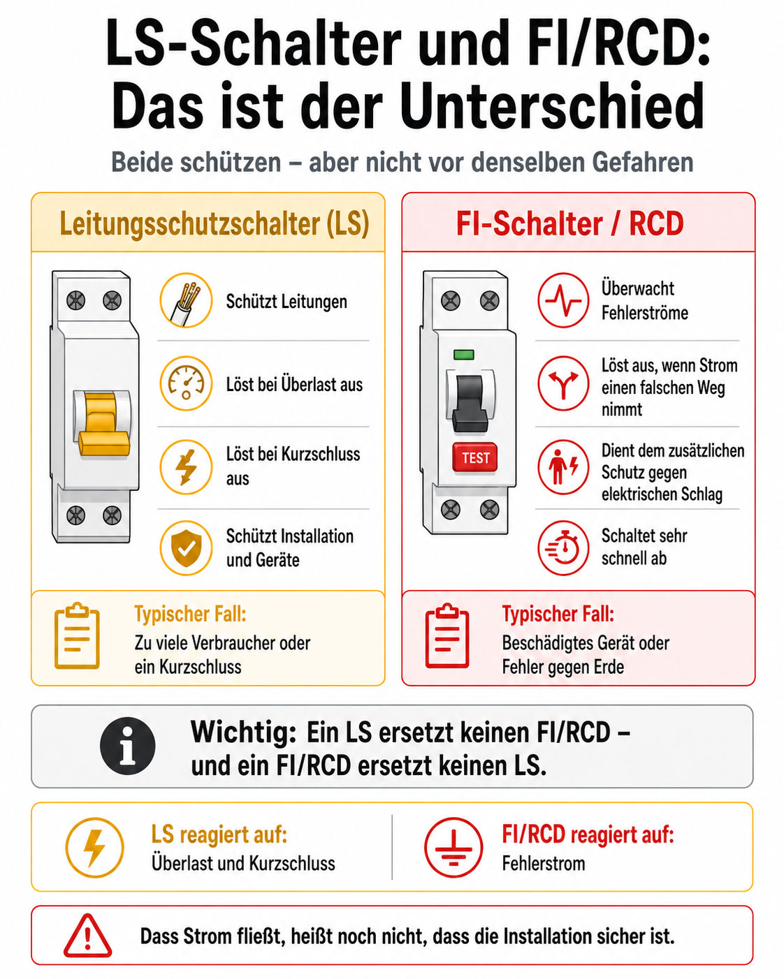 LS-Schalter und FI/RCD erf&uuml;llen unterschiedliche Schutzaufgaben: Der Leitungsschutzschalter reagiert auf &Uuml;berlast und Kurzschluss, der FI/RCD auf Fehlerstr&ouml;me und dient dem zus&auml;tzlichen Schutz vor elektrischem Schlag.
