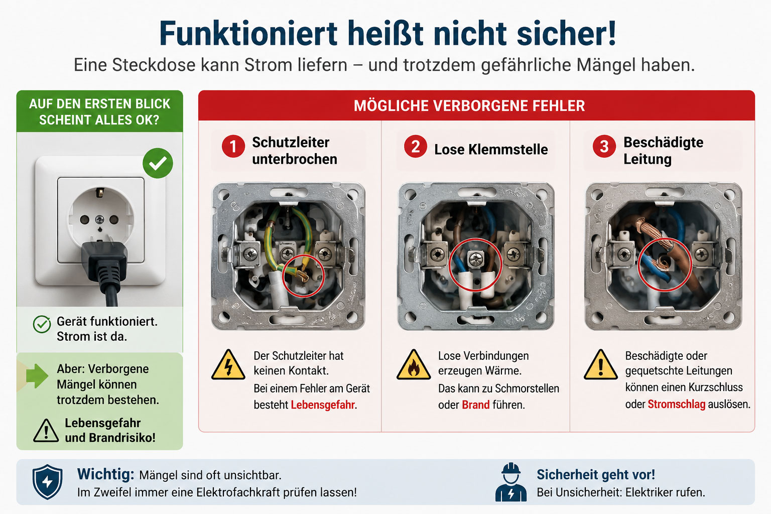 Auch wenn eine Steckdose Strom liefert, kann die Installation gef&auml;hrliche M&auml;ngel aufweisen &ndash; etwa einen unterbrochenen Schutzleiter, lose Klemmstellen oder besch&auml;digte Leitungen.