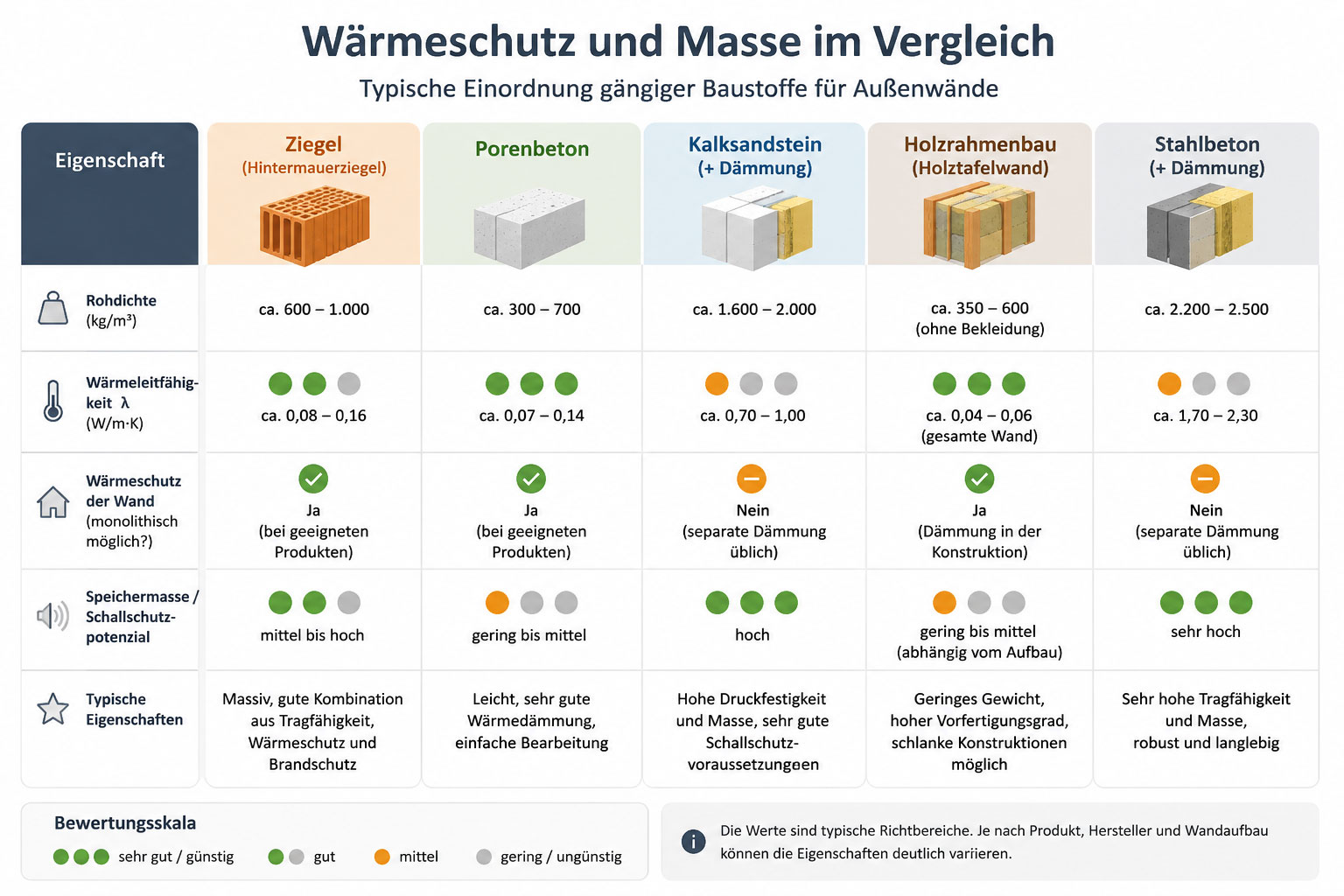 W&auml;rmeschutz, Masse und Schallschutz unterscheiden sich deutlich: Porenbeton und Holzrahmenw&auml;nde d&auml;mmen besonders gut, w&auml;hrend Kalksandstein und Stahlbeton vor allem durch hohe Masse und gute Schallschutzvoraussetzungen punkten. Entscheidend ist immer der komplette Wandaufbau.
