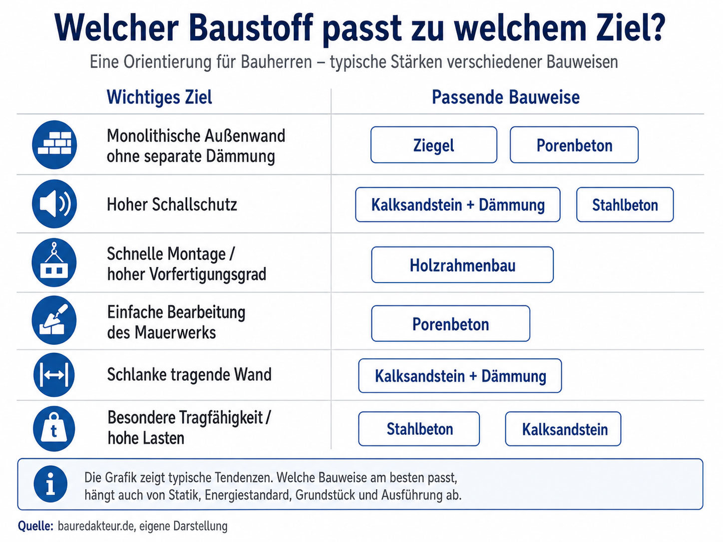 Je nach Ziel kommen unterschiedliche Bauweisen infrage: Ziegel und Porenbeton eignen sich f&uuml;r monolithische Au&szlig;enw&auml;nde, Kalksandstein und Stahlbeton bieten gute Voraussetzungen f&uuml;r hohe Lasten und Schallschutz, Holzrahmenbau punktet mit schneller Montage und hohem Vorfertigungsgrad.